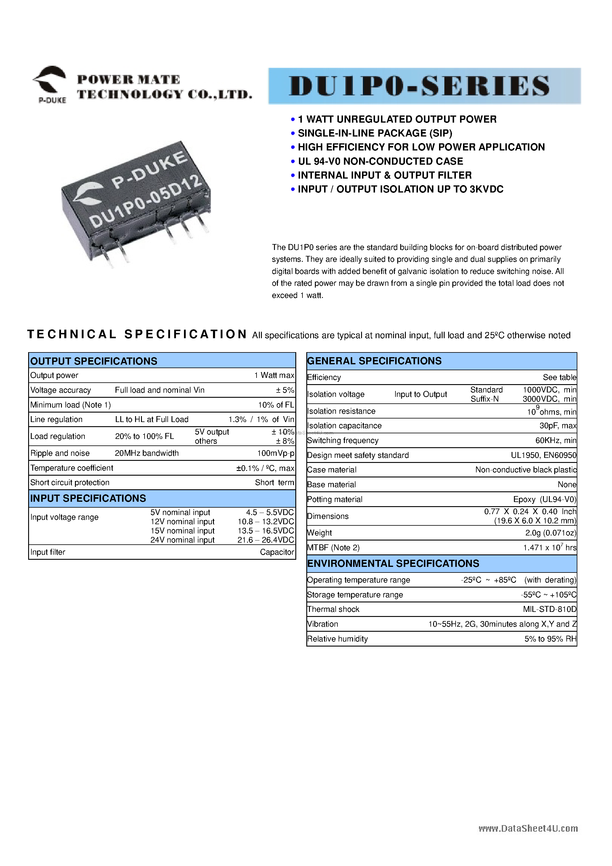 Datasheet DU1P0-xxx - 1 WATT DC-DC CONVERTER page 1