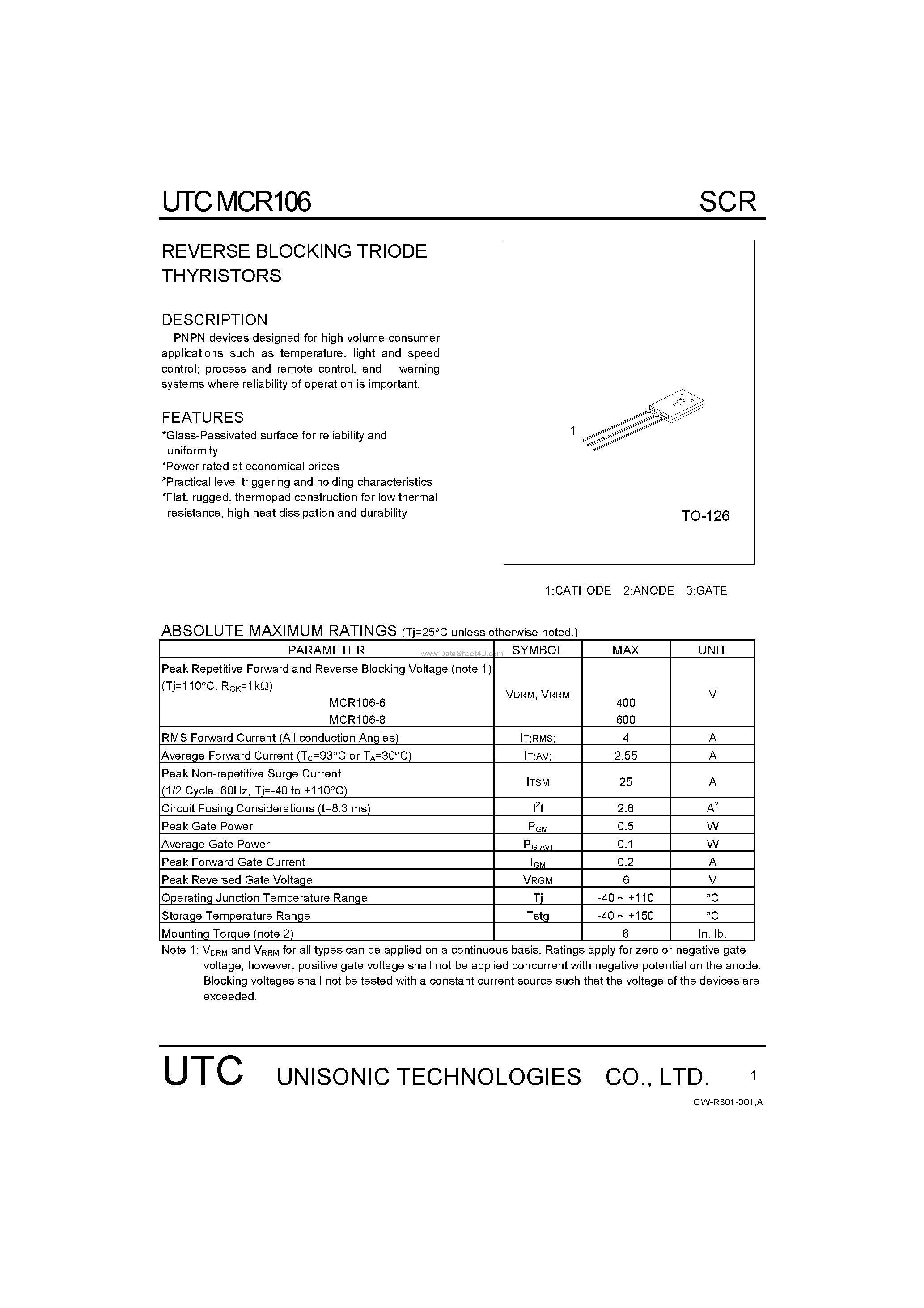 Datasheet MCR106 page 1 Datasheet MCR106 - REVERSE BLOCKING TRIODE THYRISTORS page 1