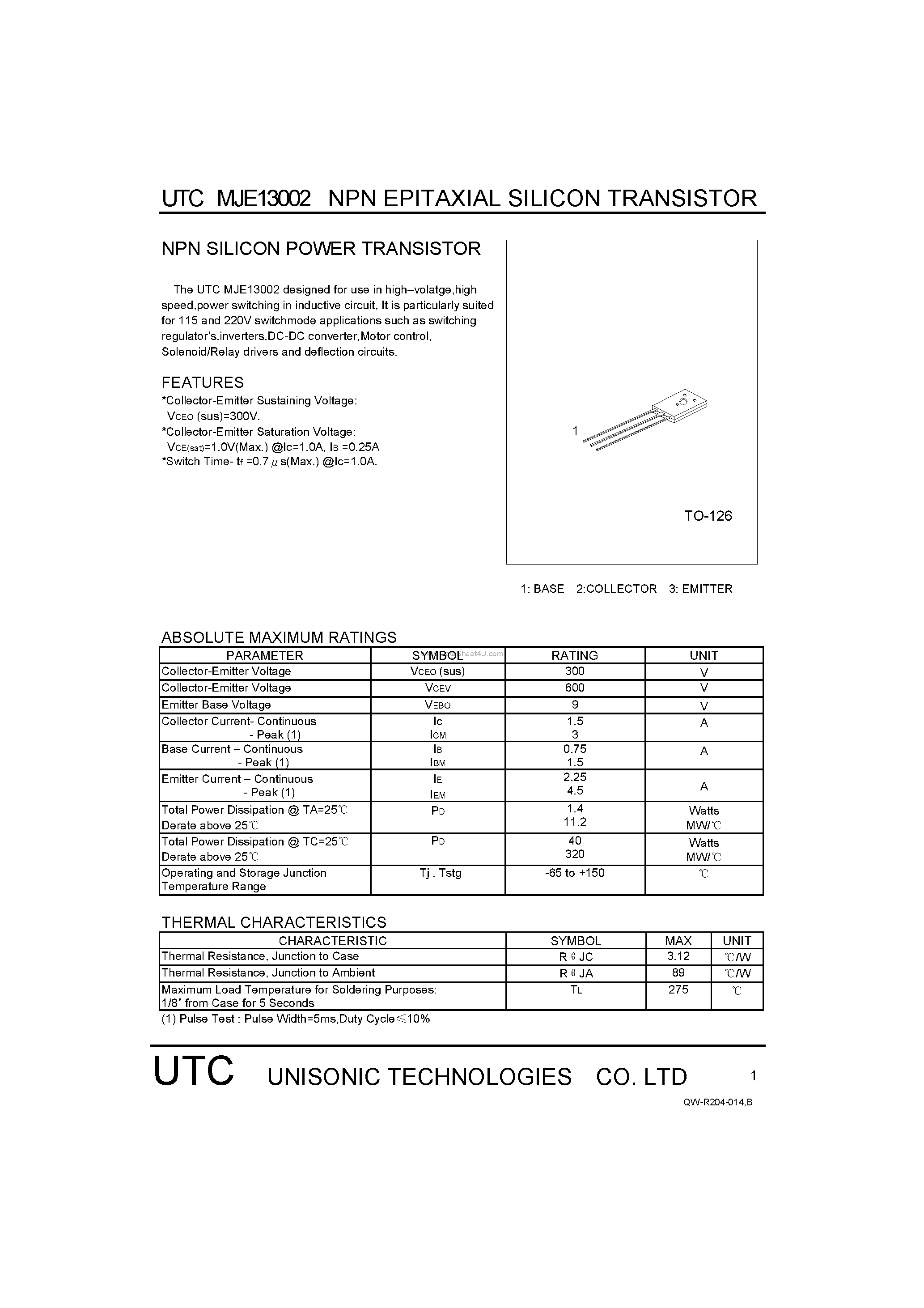 Даташит на микросхему MJE13002 страница 1 Даташит MJE13002 - NPN SILICON POWER TRANSISTOR страница 1