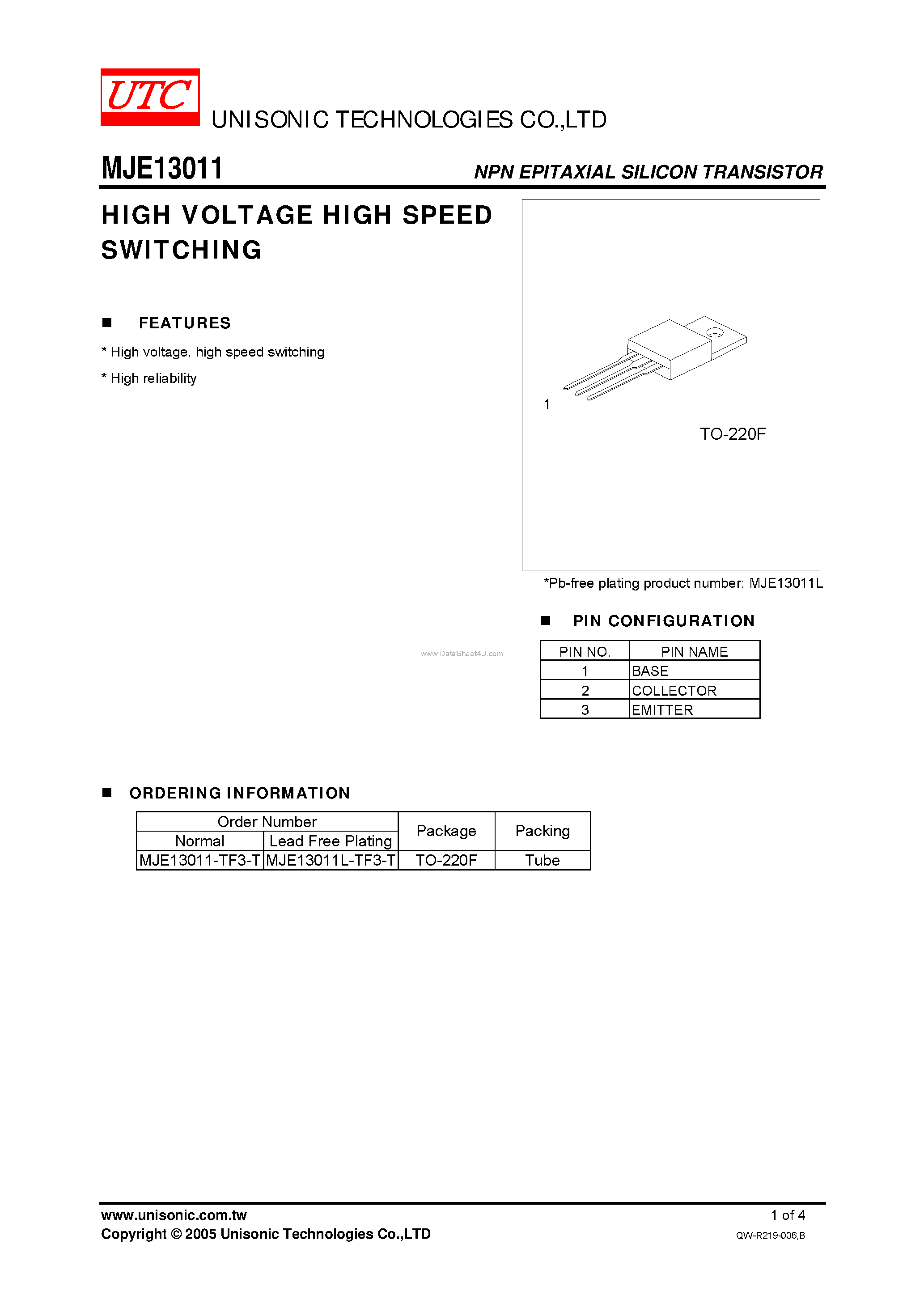 Datasheet MJE13011 - HIGH VOLTAGE HIGH SPEED SWITCHING page 1