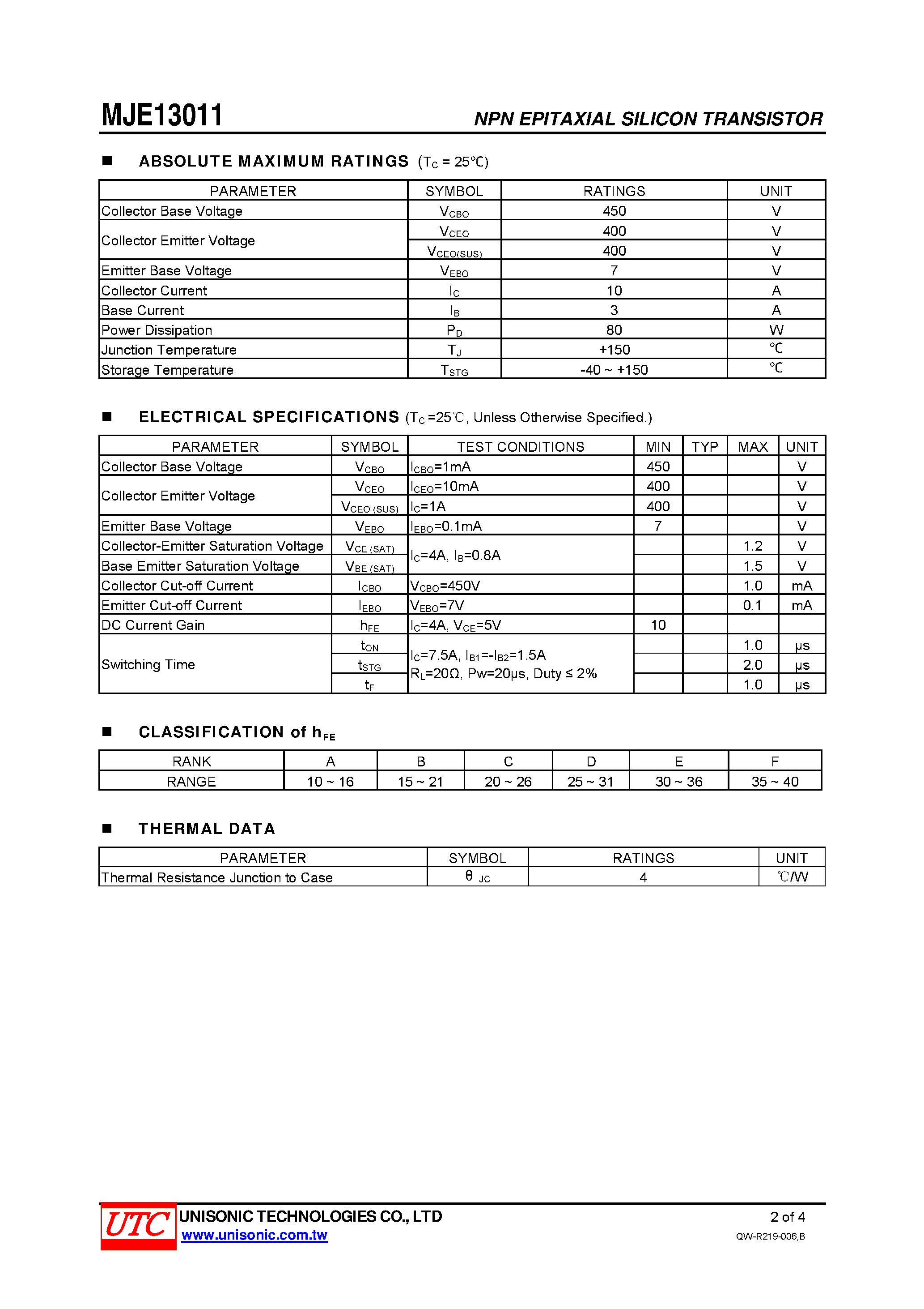 Datasheet MJE13011 - HIGH VOLTAGE HIGH SPEED SWITCHING page 2