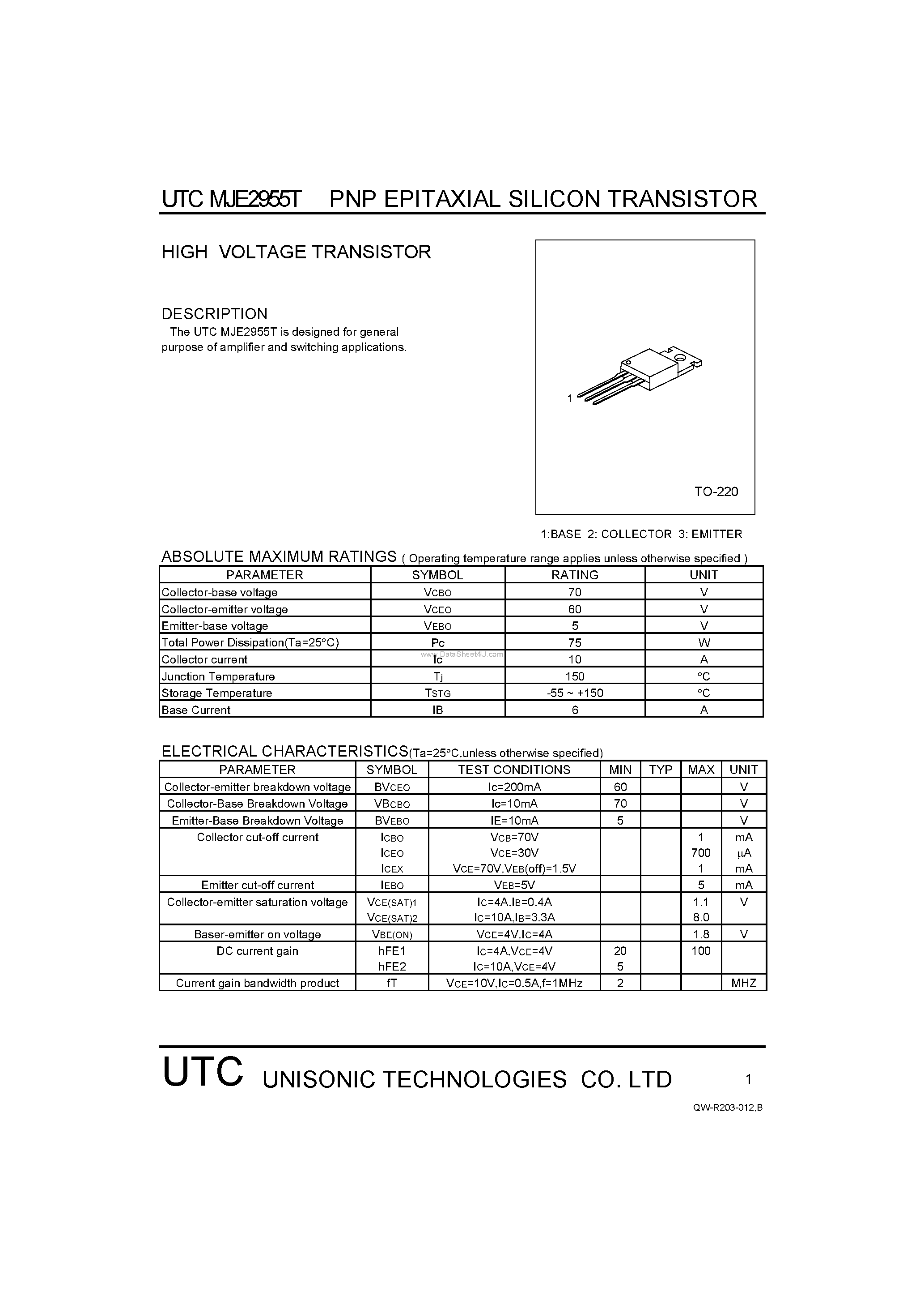 Datasheet MJE2955T - HIGH VOLTAGE TRANSISTOR page 1