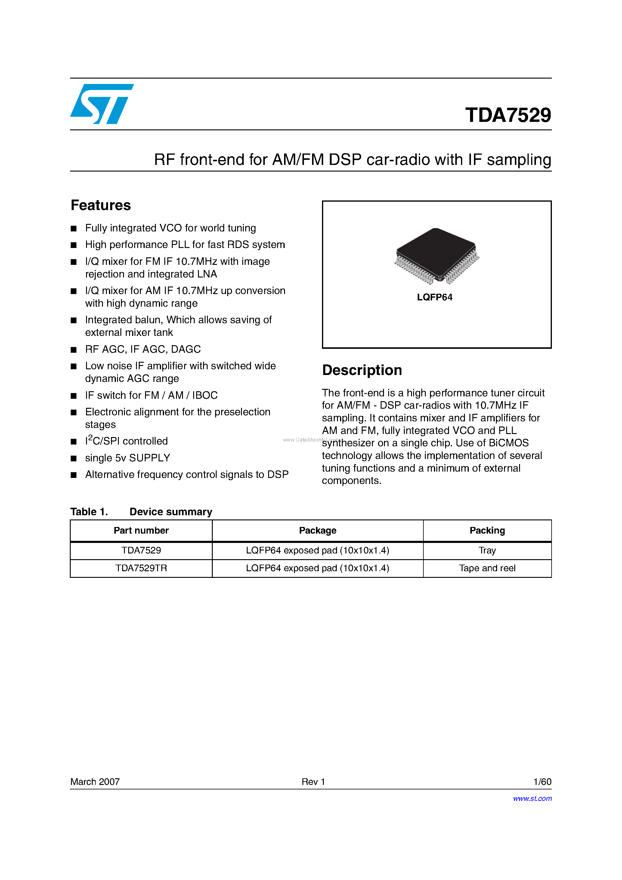 Datasheet TDA7529 - RF front-end for AM/FM DSP car-radio page 1