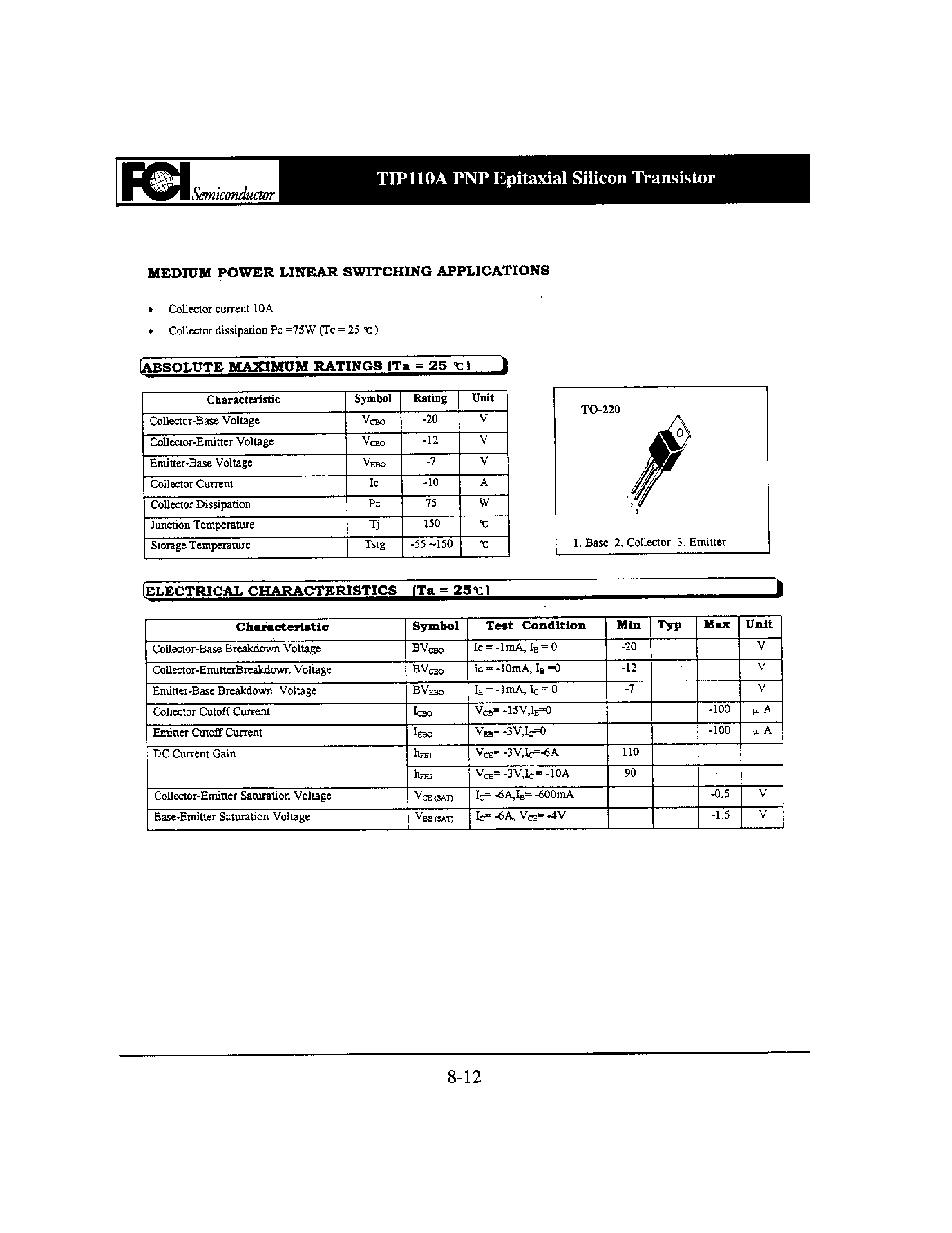 Datasheet TIP110A - PNP Epitaxial Silicon Transistor page 1