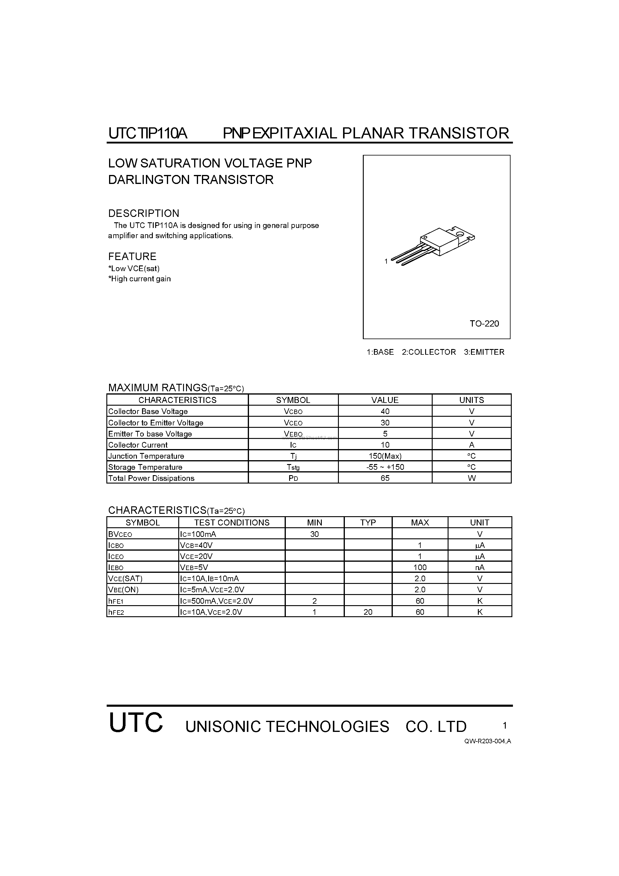 Datasheet TIP110A - LOW SATURATION VOLTAGE PNP DARLINGTON TRANSISTOR page 1