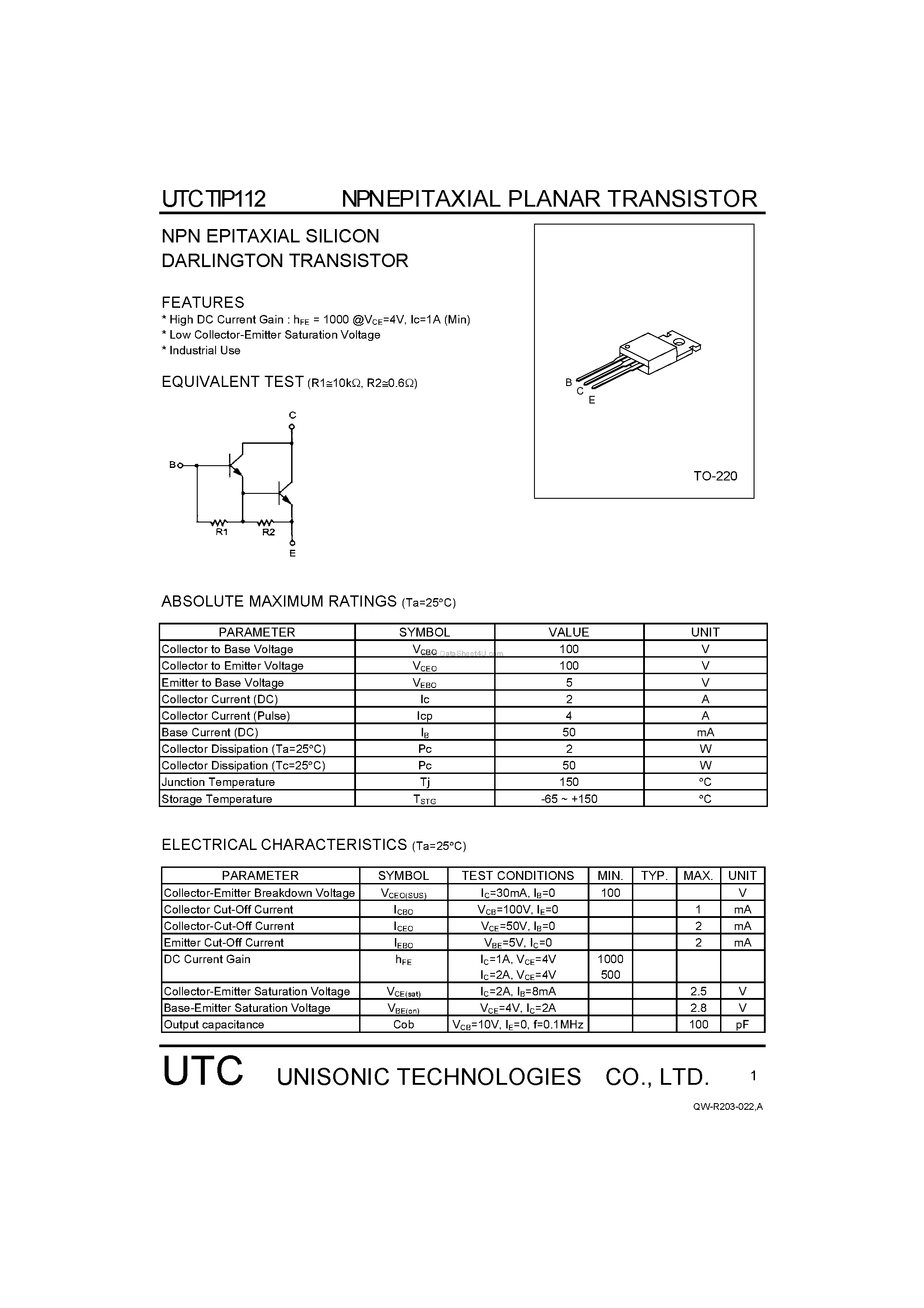 Даташит TIP112 - NPN EPITAXIAL SILICON DARLINGTON TRANSISTOR страница 1