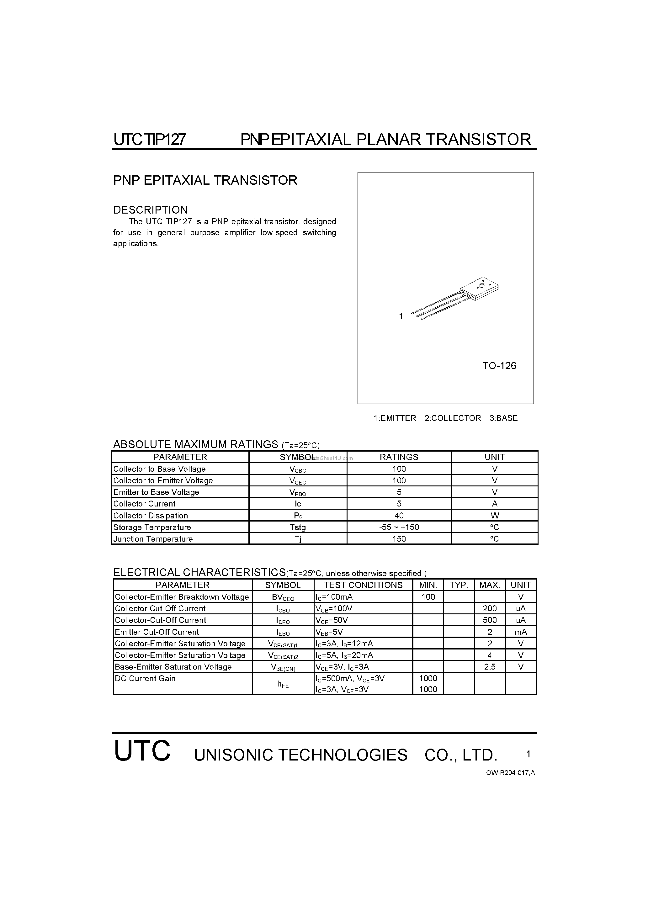 Даташит TIP127 - PNP EPITAXIAL TRANSISTOR страница 1