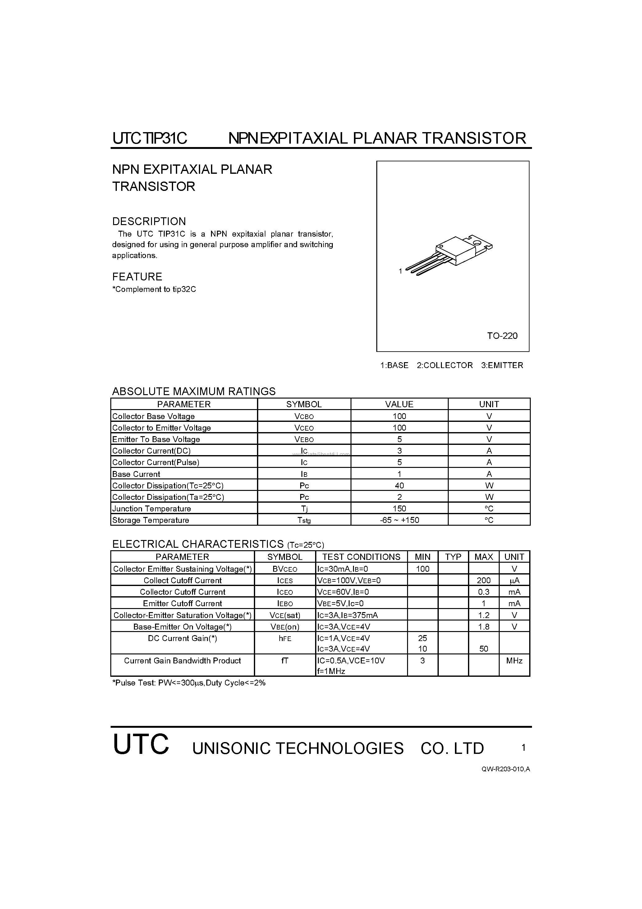Даташит TIP31C - NPN EXPITAXIAL PLANAR TRANSISTOR страница 1