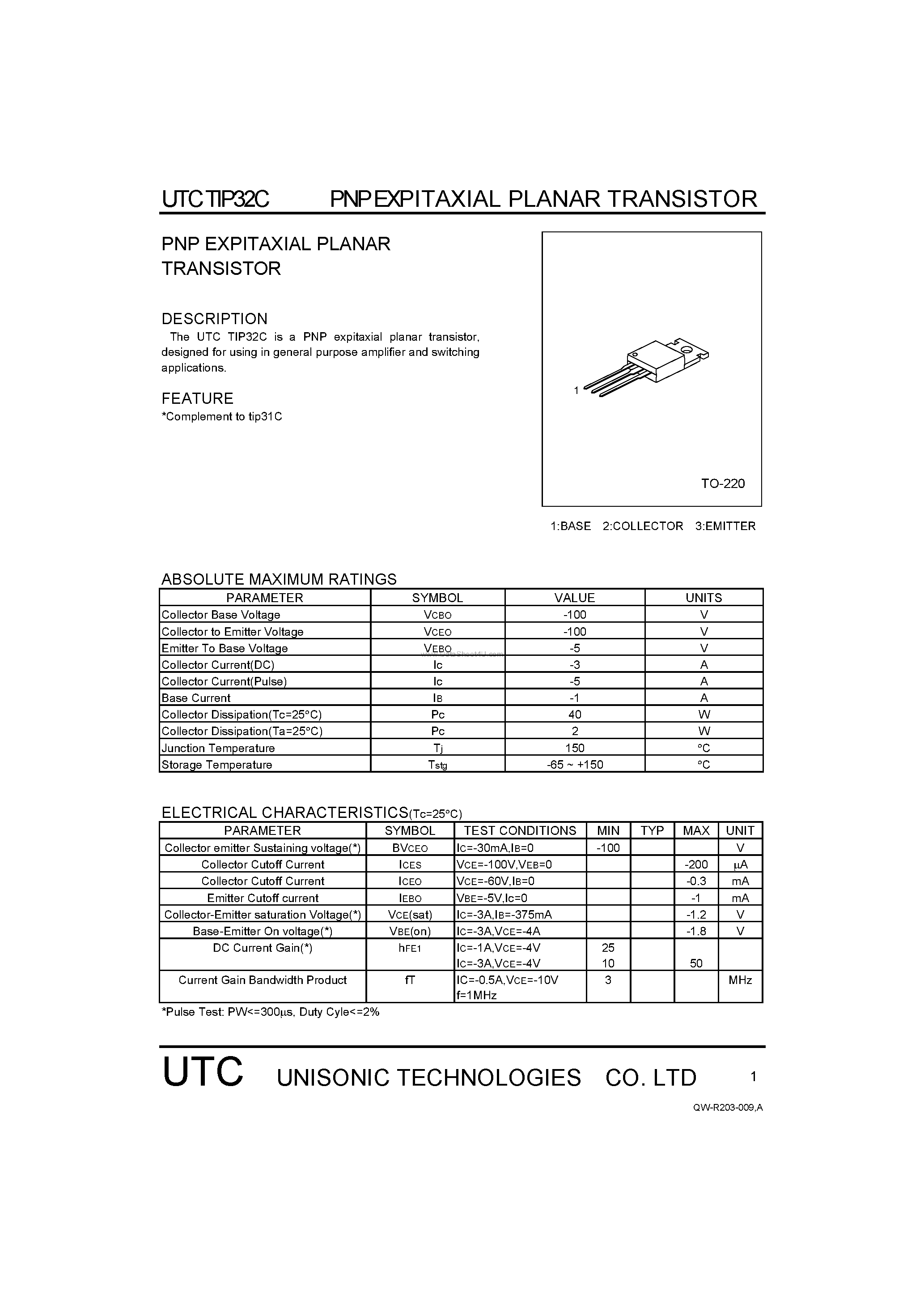 Даташит TIP32C - PNP EXPITAXIAL PLANAR TRANSISTOR страница 1