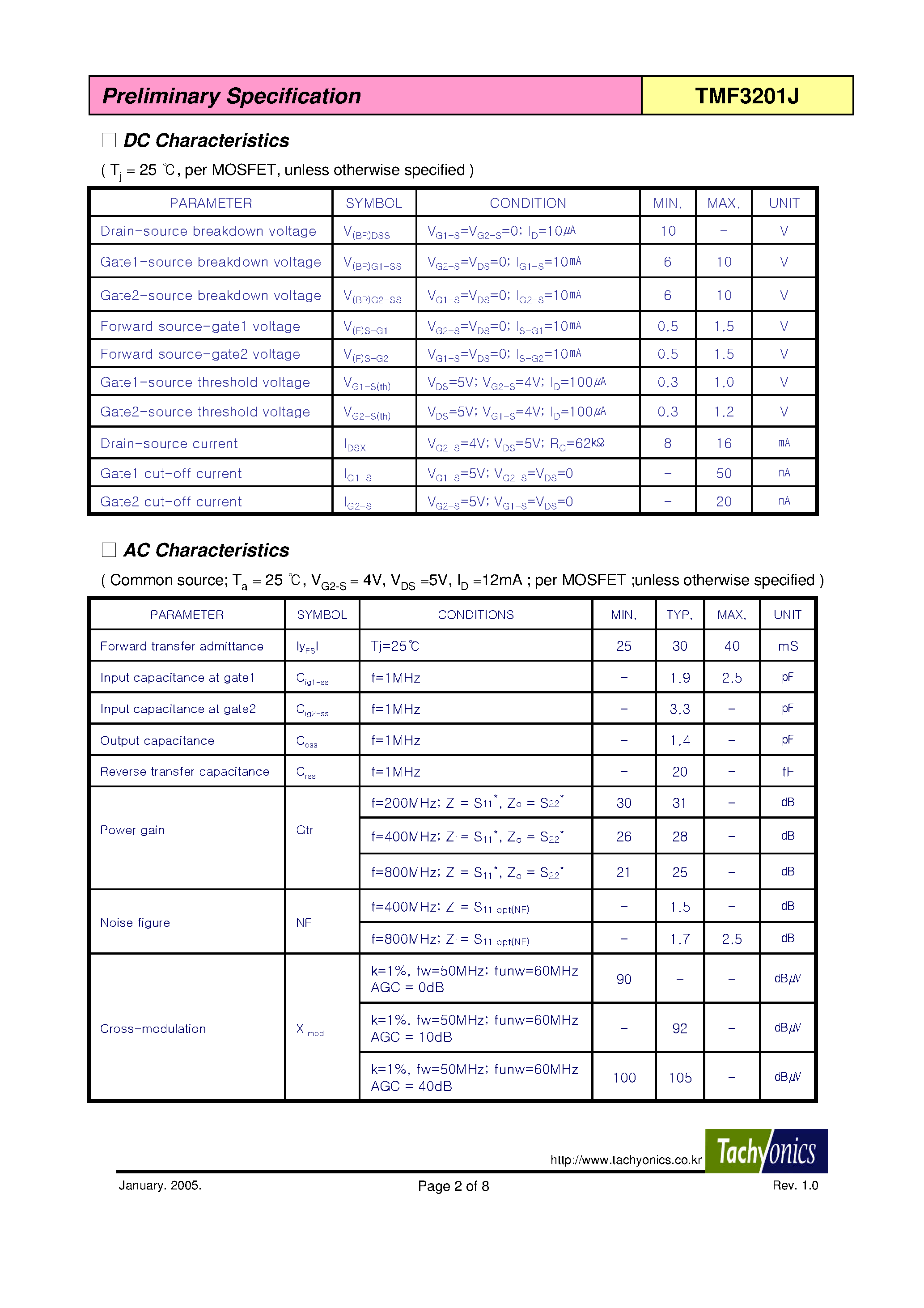 Datasheet TMF3201J page 2 Datasheet TMF3201J - Dual N-Channel Dual-Gate MOSFET page 2