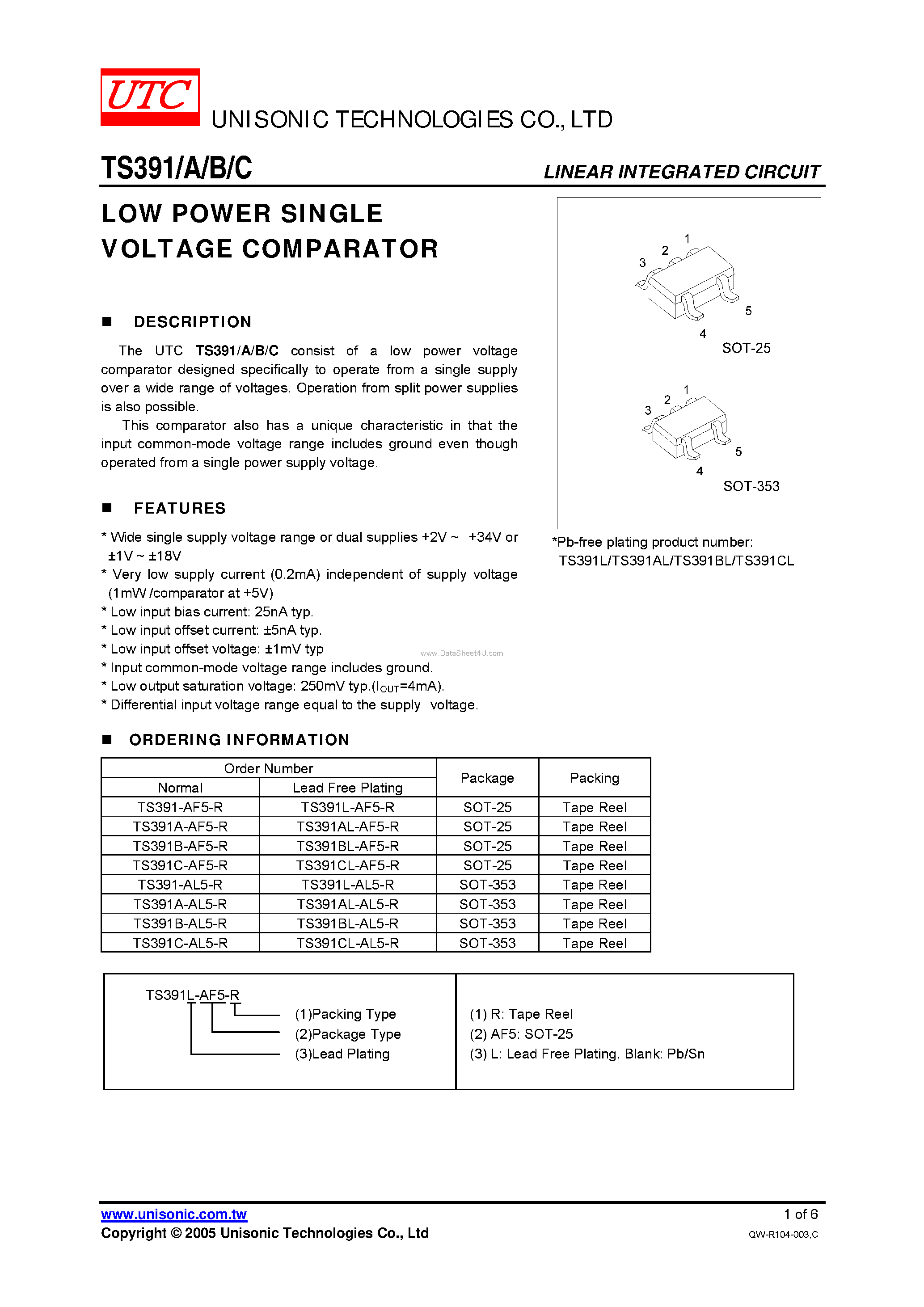 Даташит на микросхему TS391 страница 1 Даташит TS391 - LOW POWER SINGLE VOLTAGE COMPARATOR страница 1