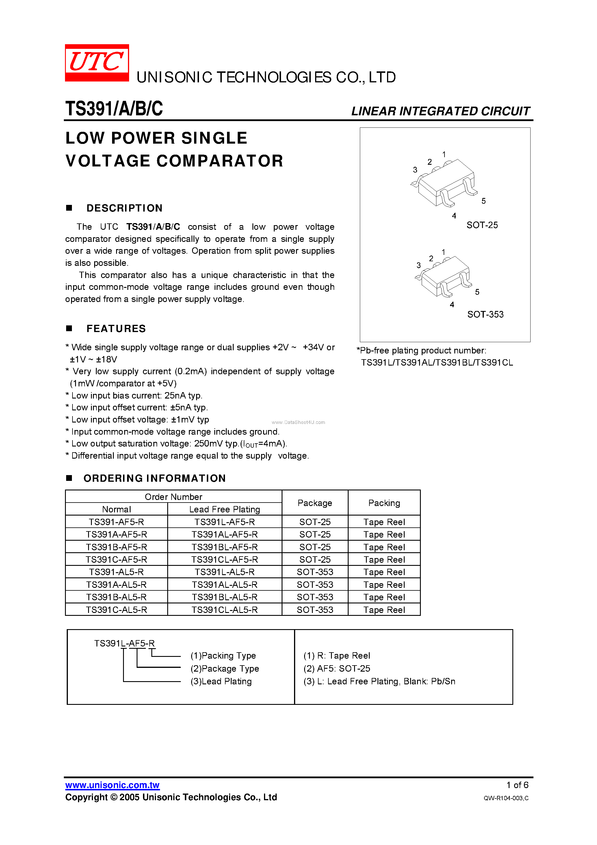 Datasheet TS391 - LOW POWER SINGLE VOLTAGE COMPARATOR page 1
