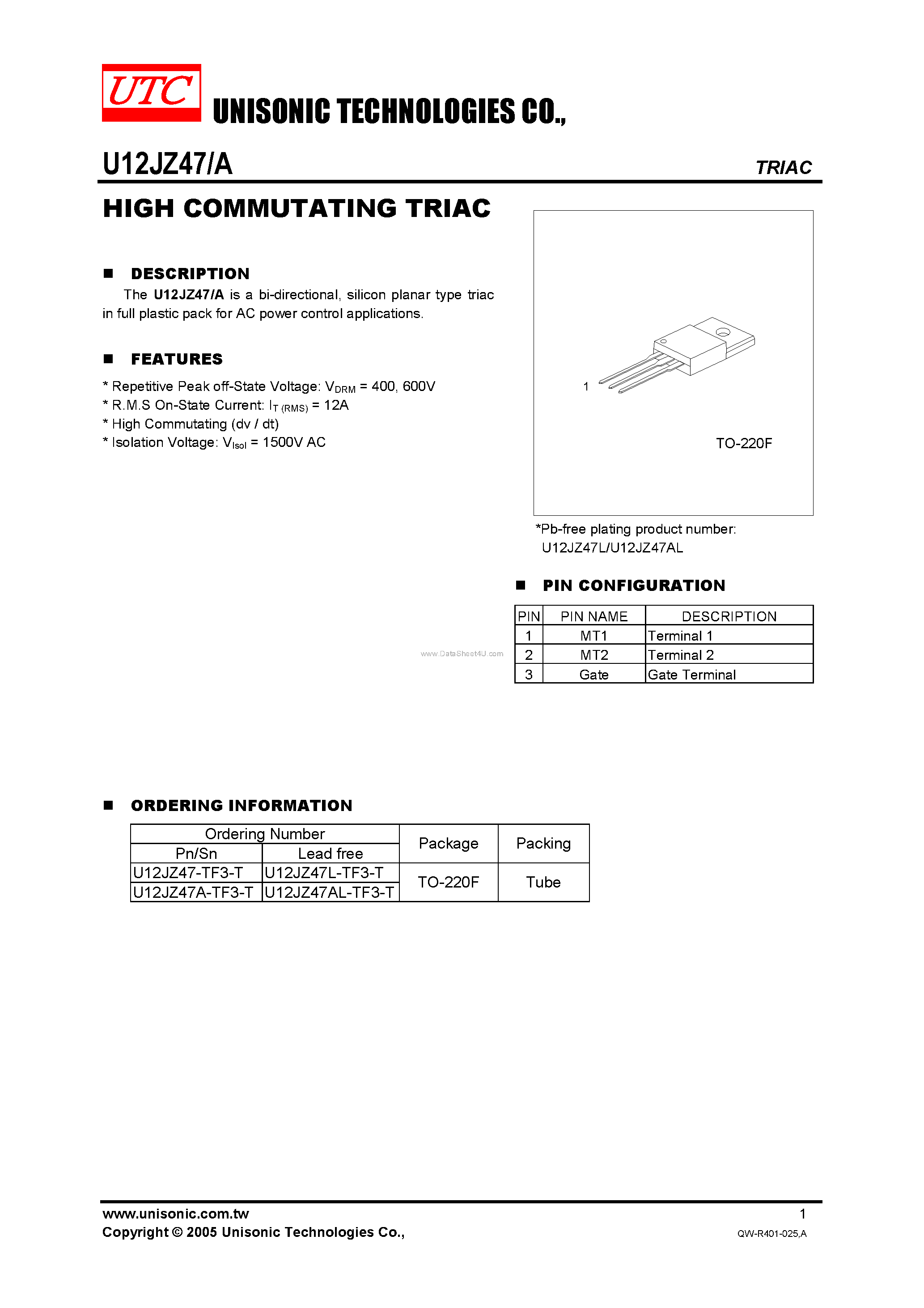 Datasheet U12JZ47 - HIGH COMMUTATING TRIAC page 1