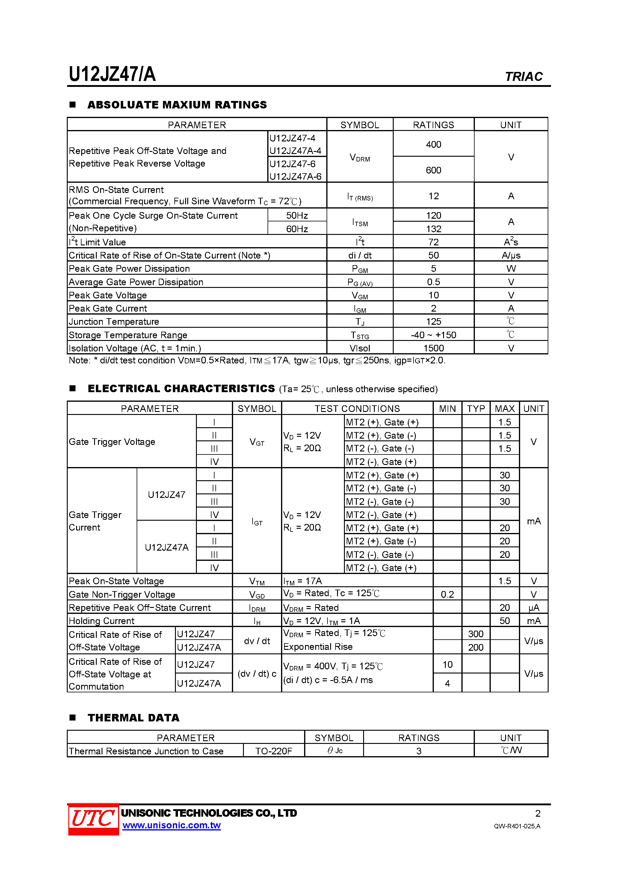 Datasheet U12JZ47 - HIGH COMMUTATING TRIAC page 2