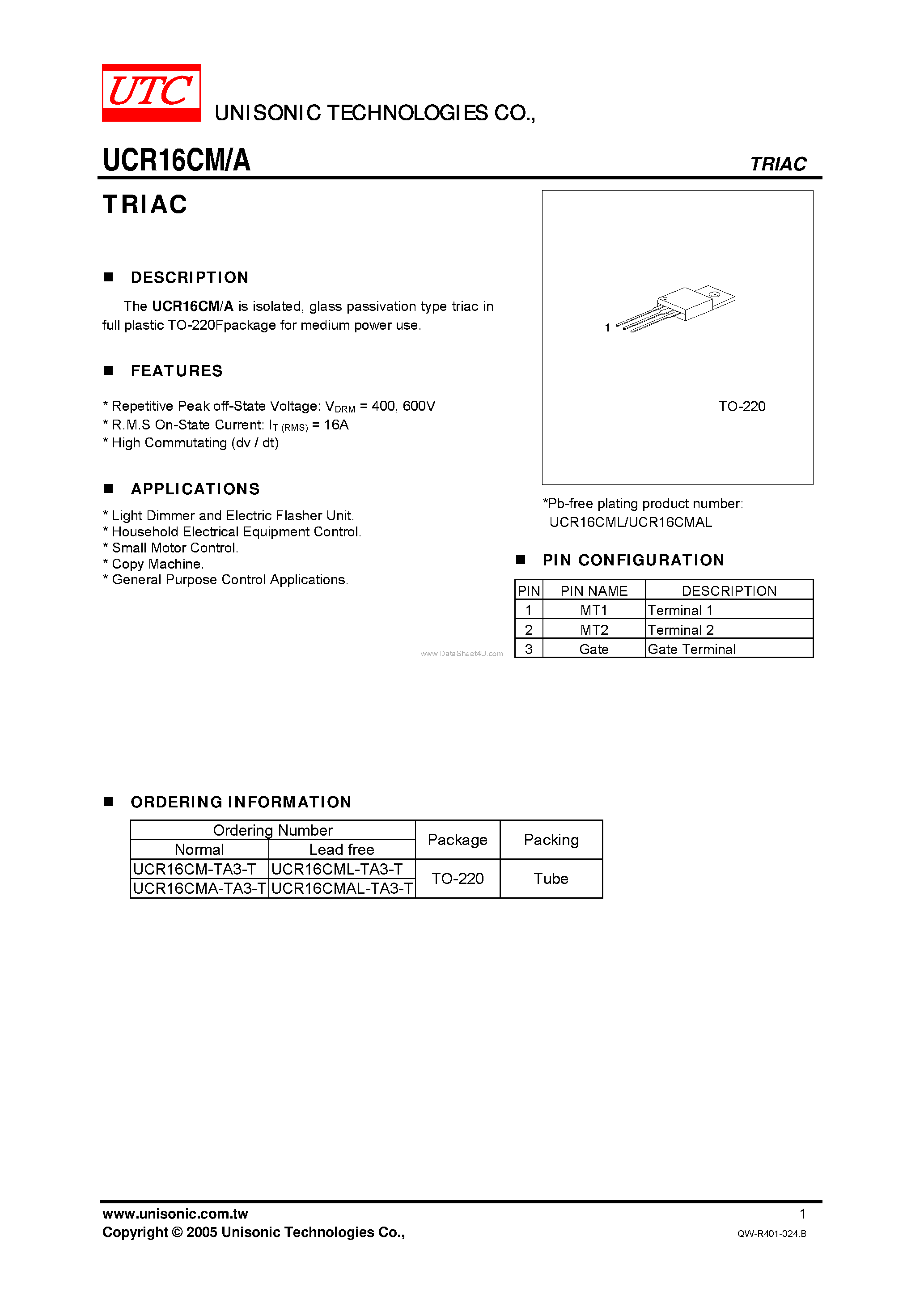 Datasheet UCR16CM - TRIAC page 1