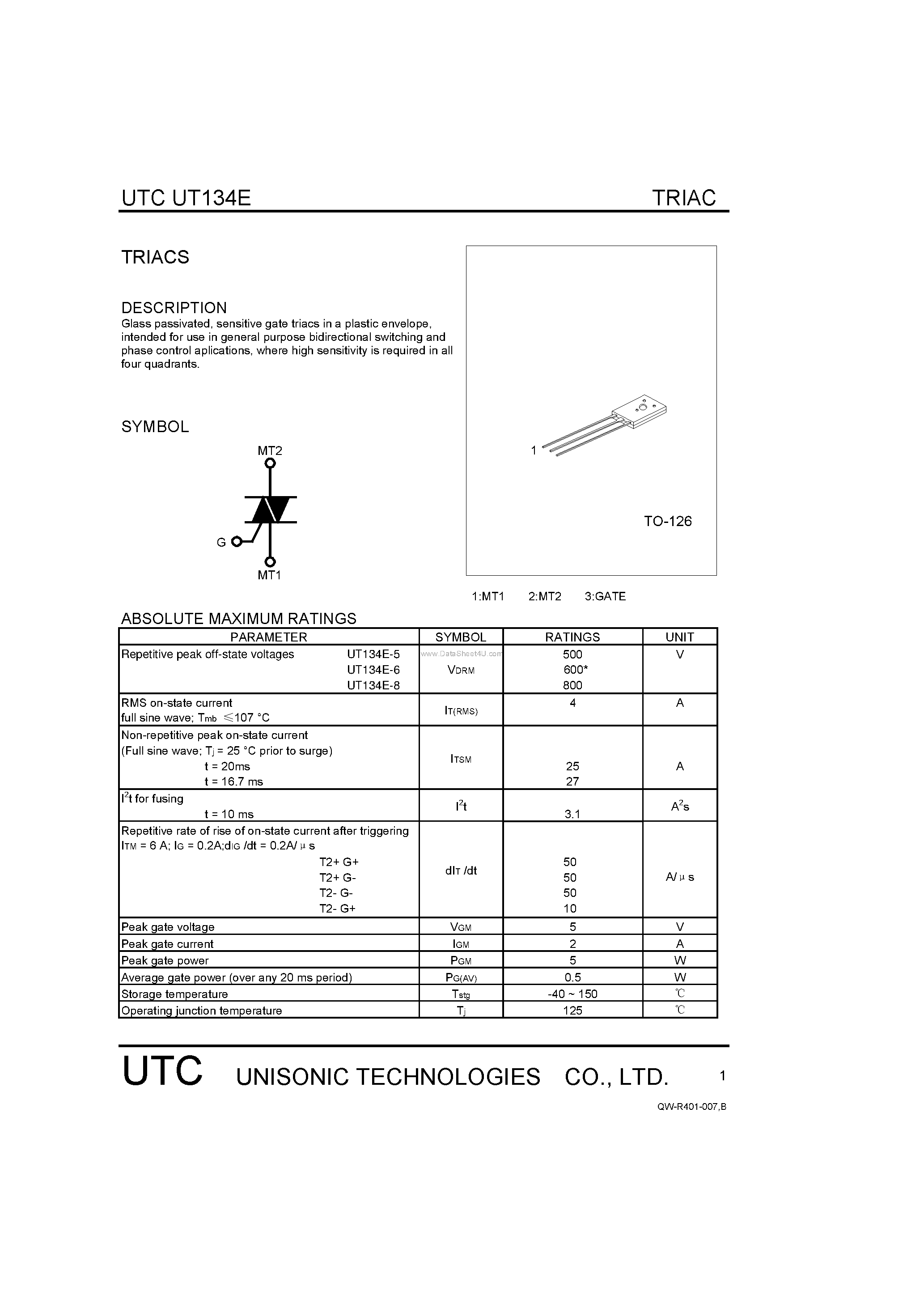 Datasheet UT134E - TRIACS page 1