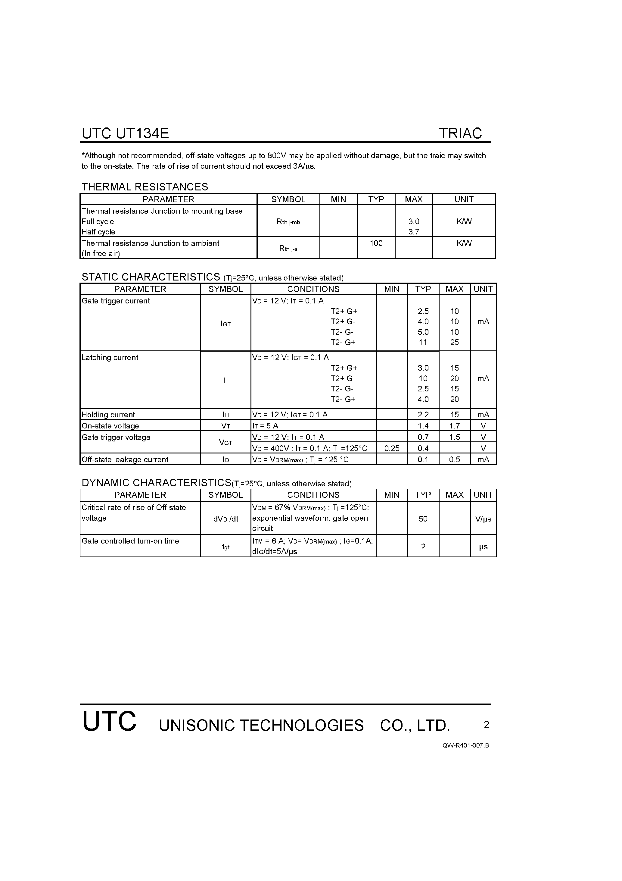 Datasheet UT134E - TRIACS page 2