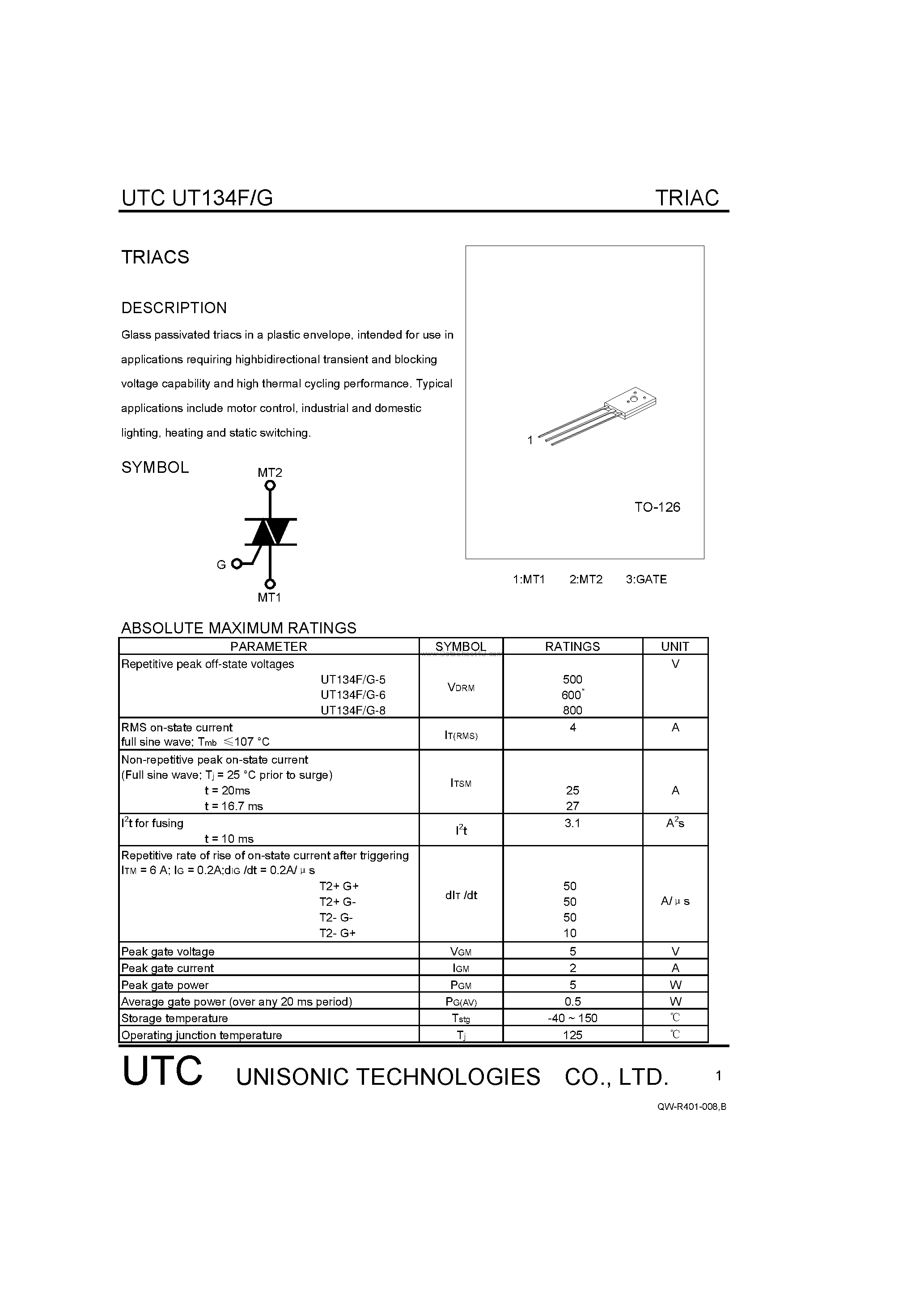Datasheet UT134F - TRIACS page 1