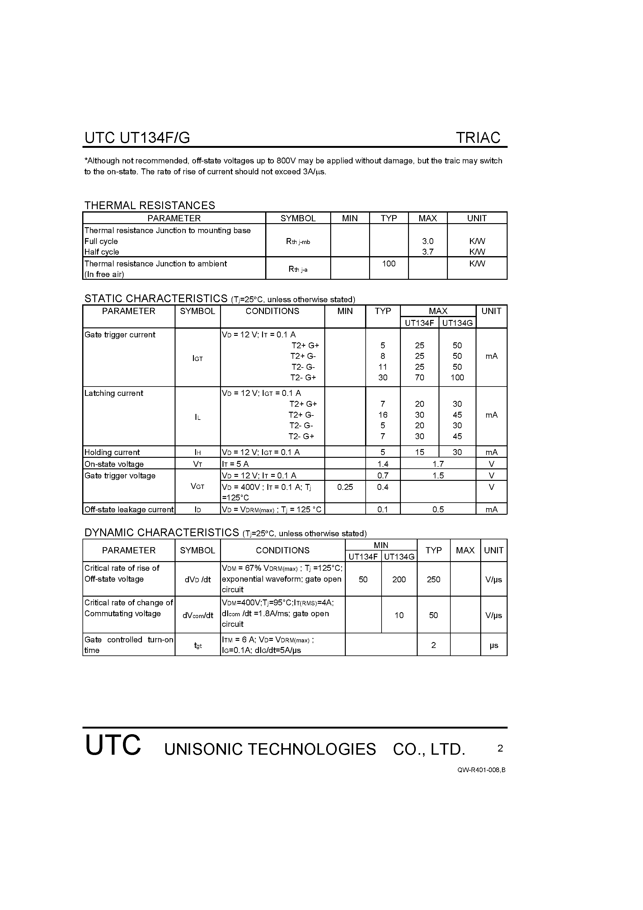 Datasheet UT134F - TRIACS page 2