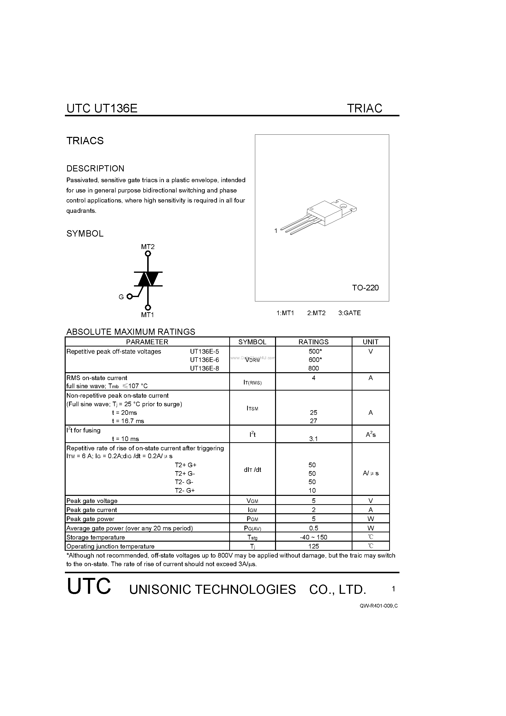 Datasheet UT136E - TRIACS page 1