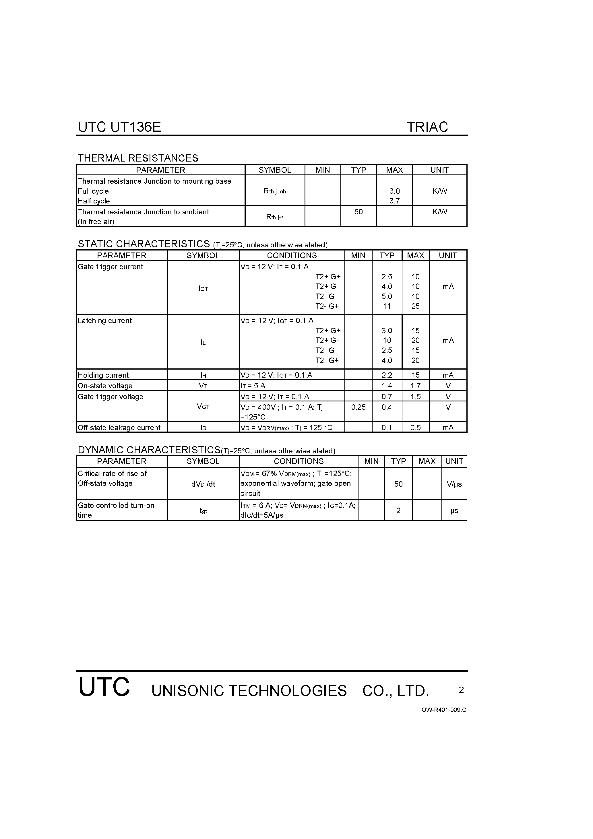 Datasheet UT136E - TRIACS page 2