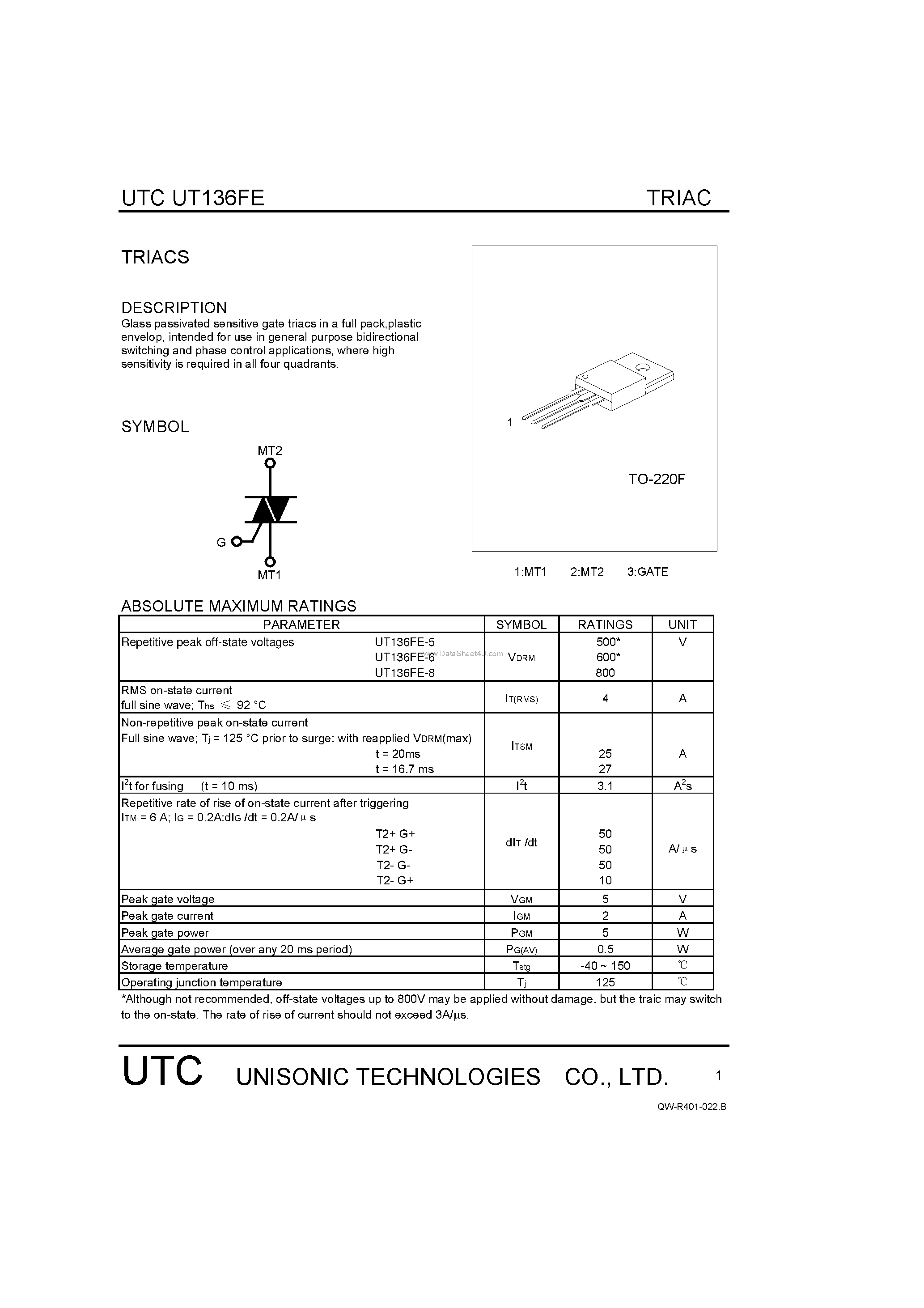 Datasheet UT136FE - TRIACS page 1