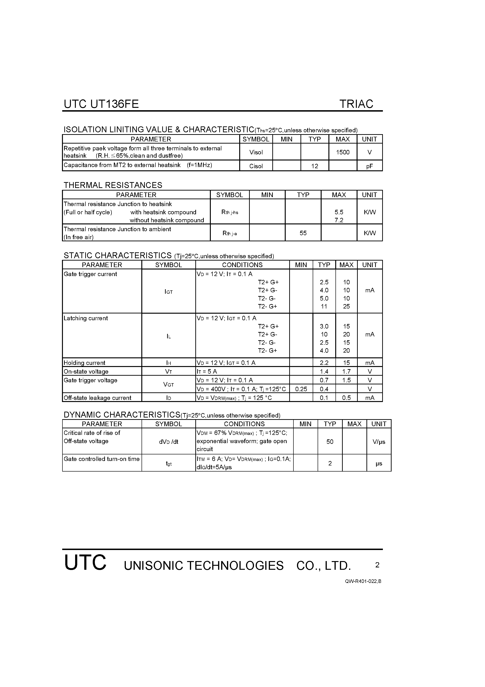 Datasheet UT136FE - TRIACS page 2