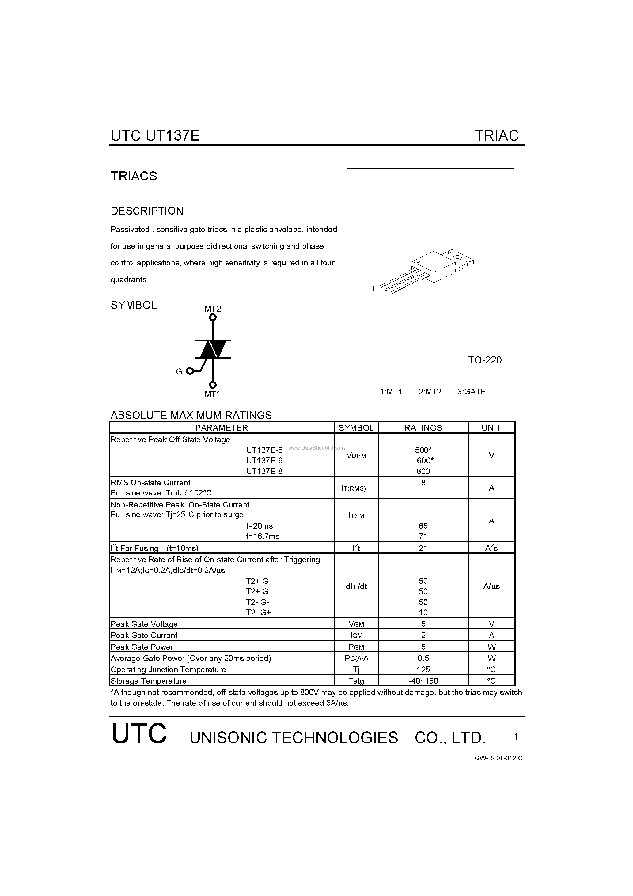 Datasheet UT137E - TRIACS page 1