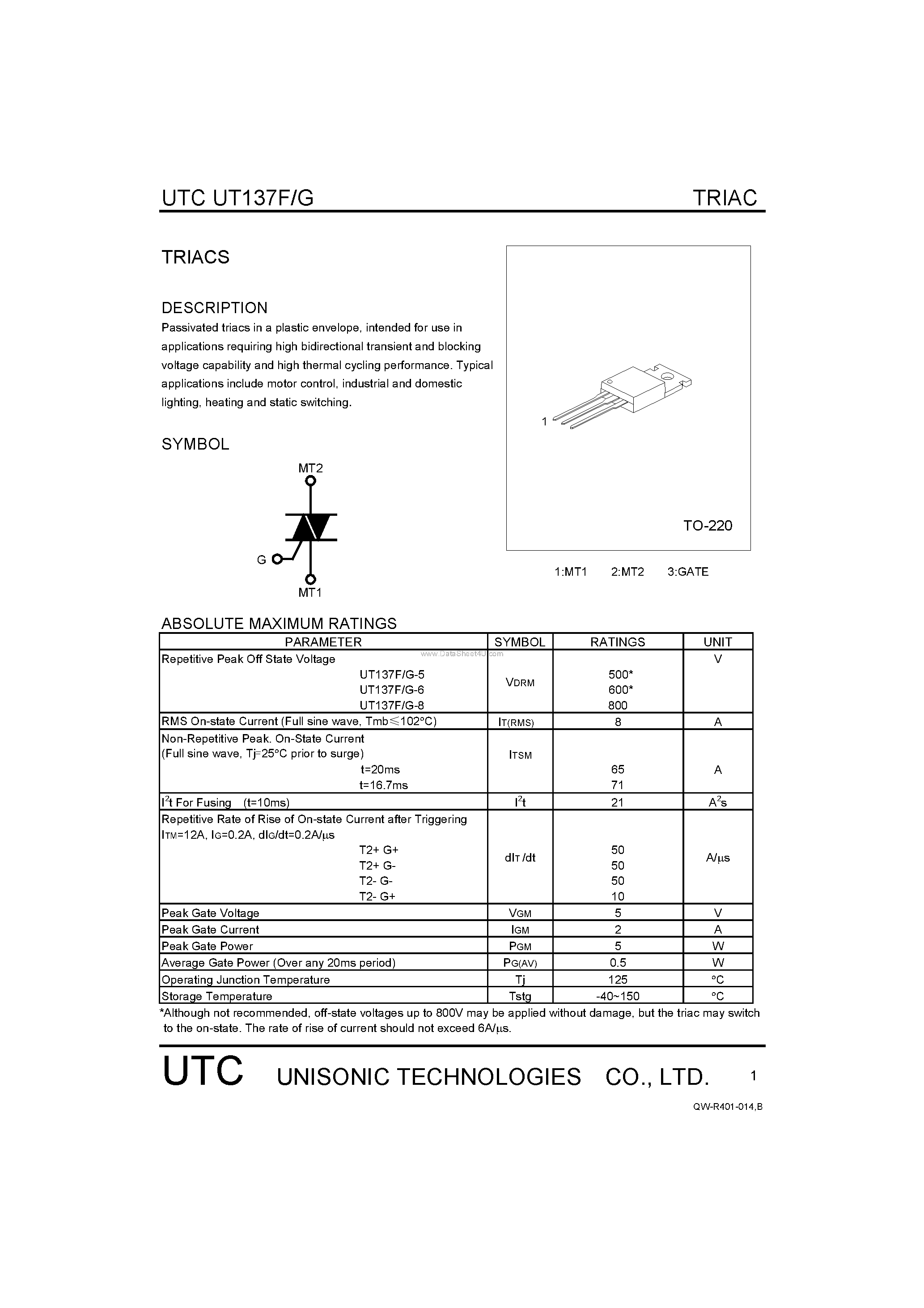 Datasheet UT137F - TRIACS page 1