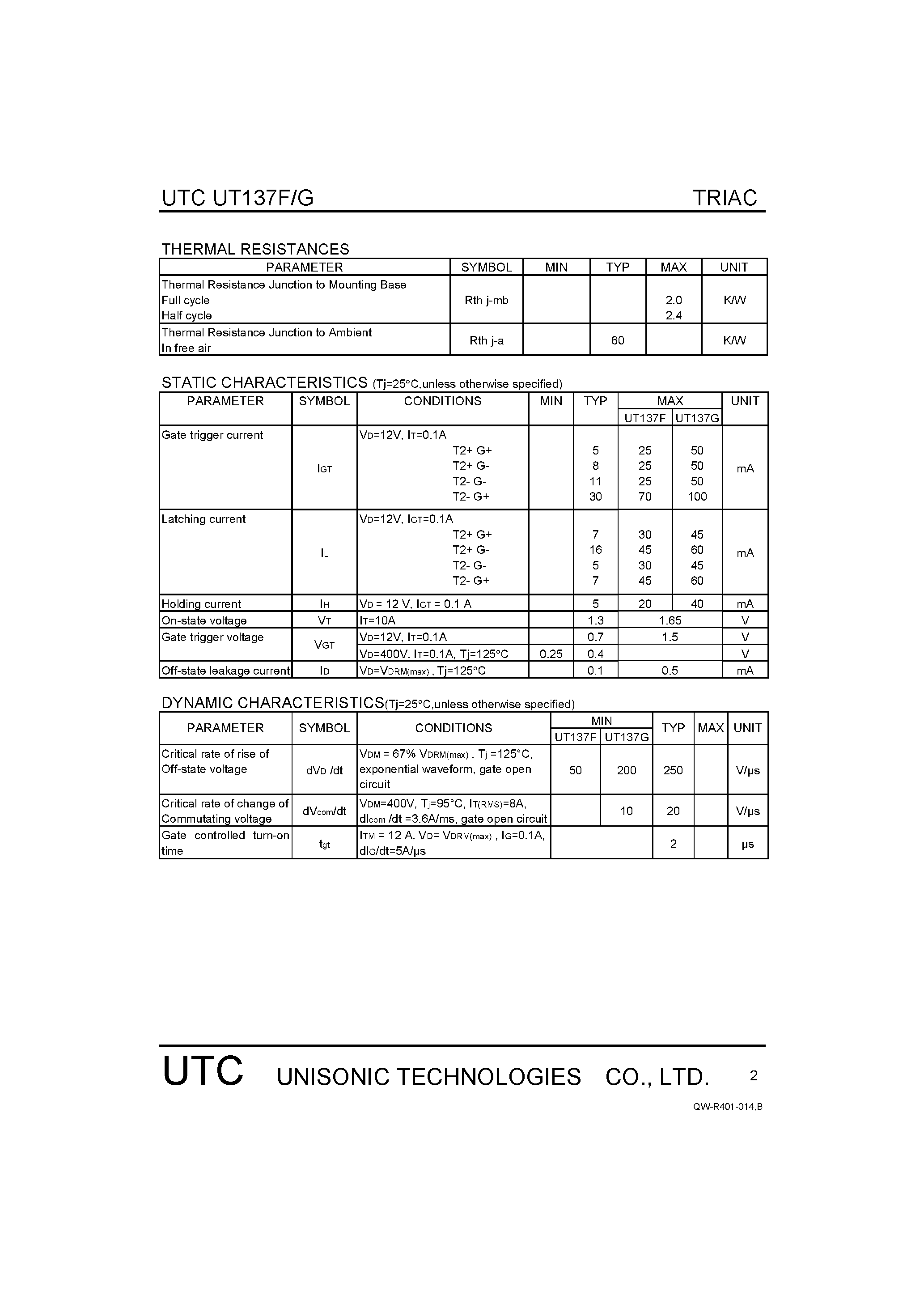 Datasheet UT137F - TRIACS page 2