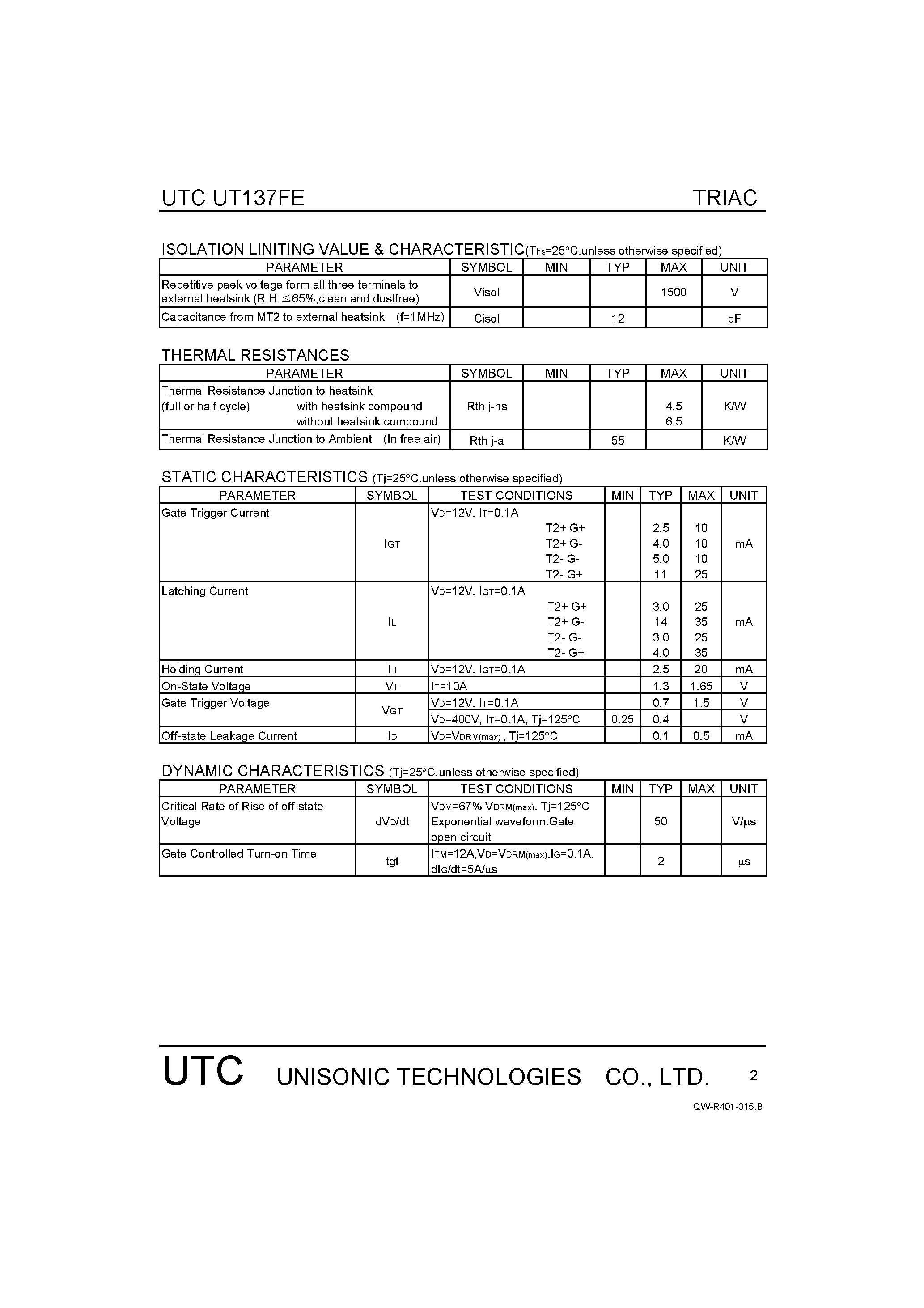 Datasheet UT137FE - TRIACS page 2