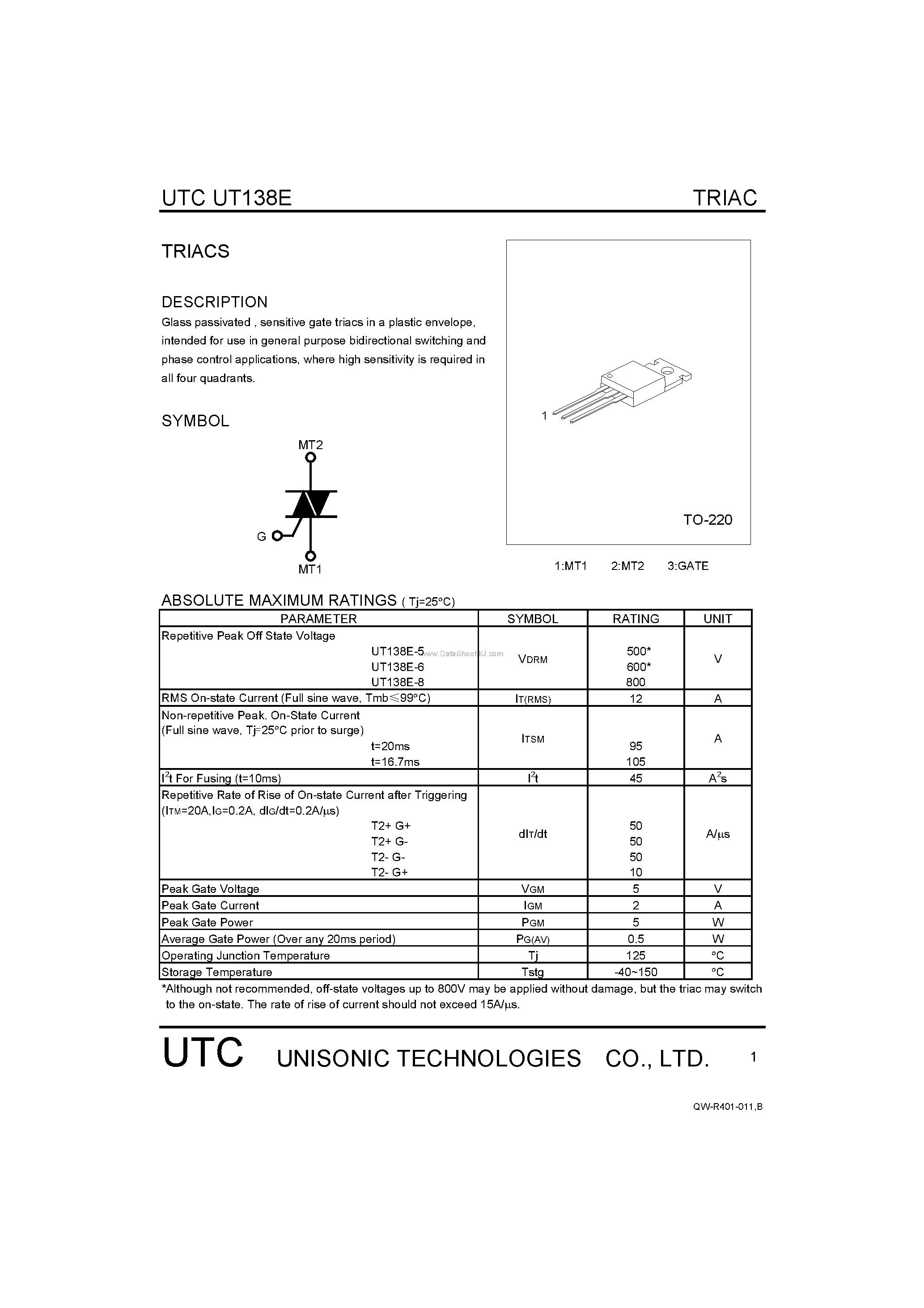 Datasheet UT138E - TRIACS page 1