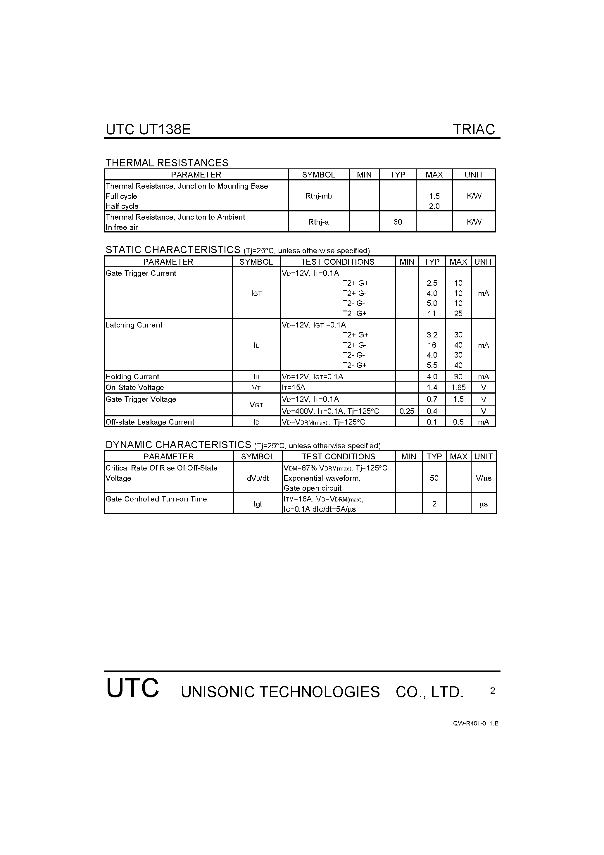 Datasheet UT138E - TRIACS page 2
