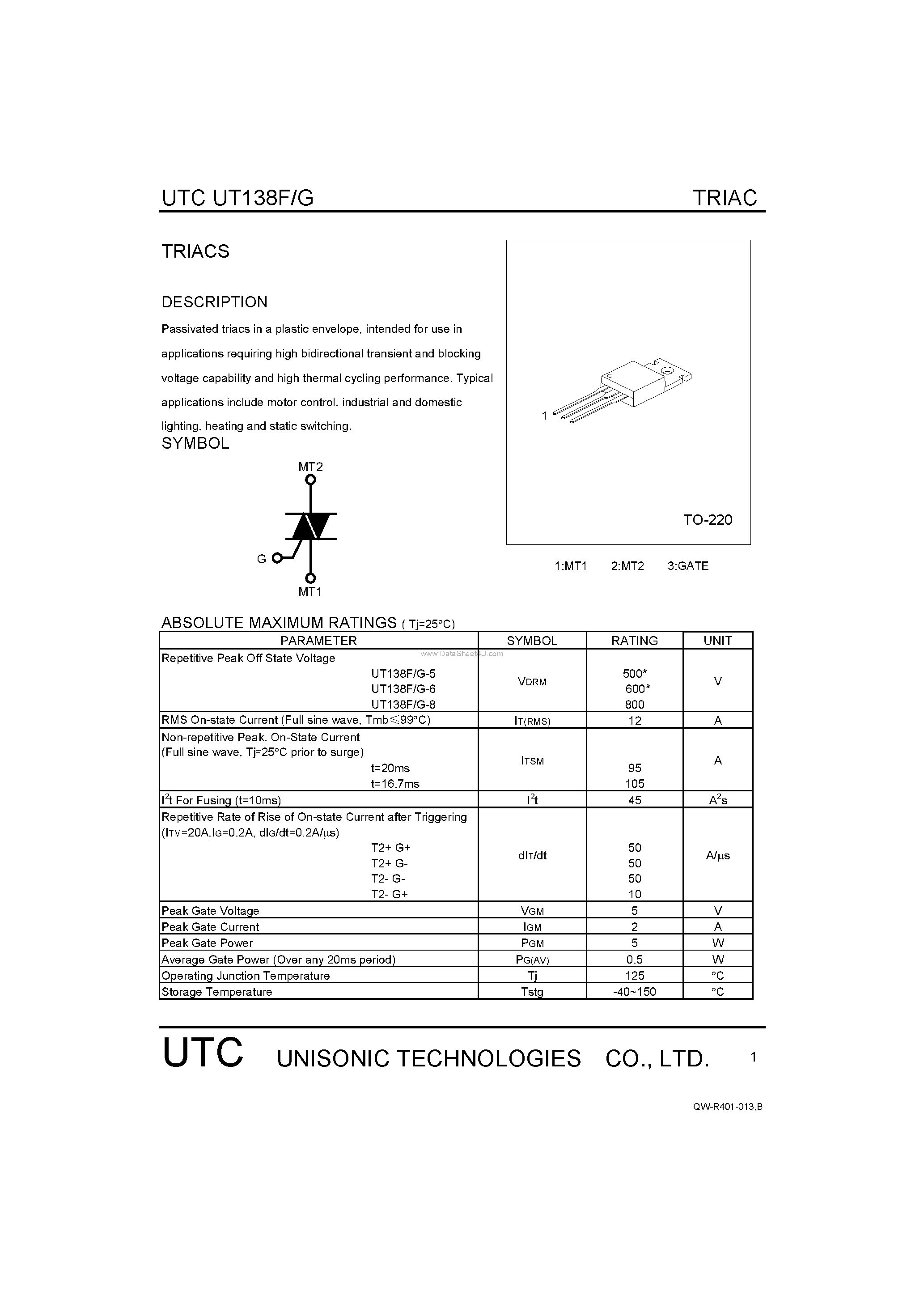 Datasheet UT138F - TRIACS page 1