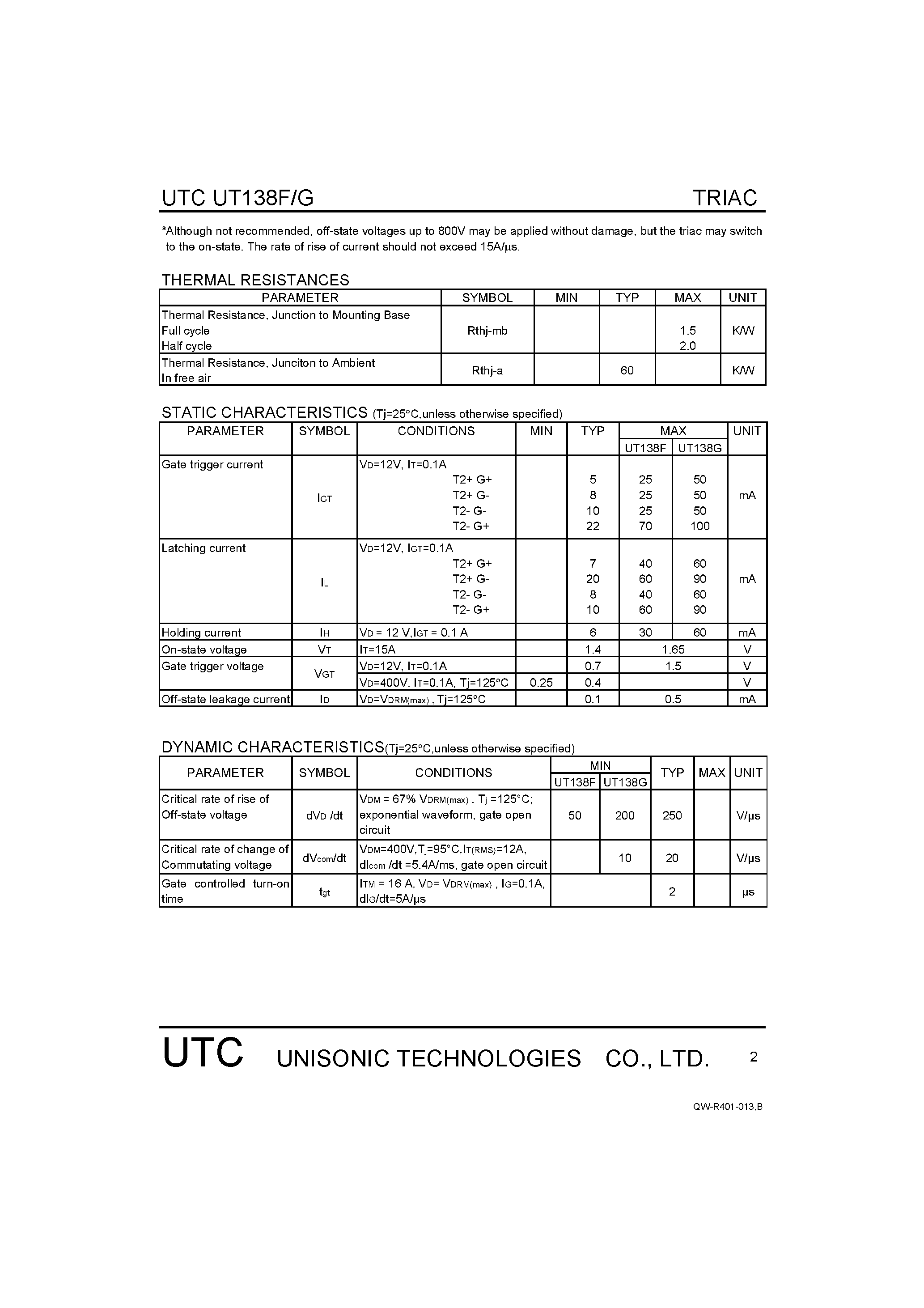 Datasheet UT138F - TRIACS page 2