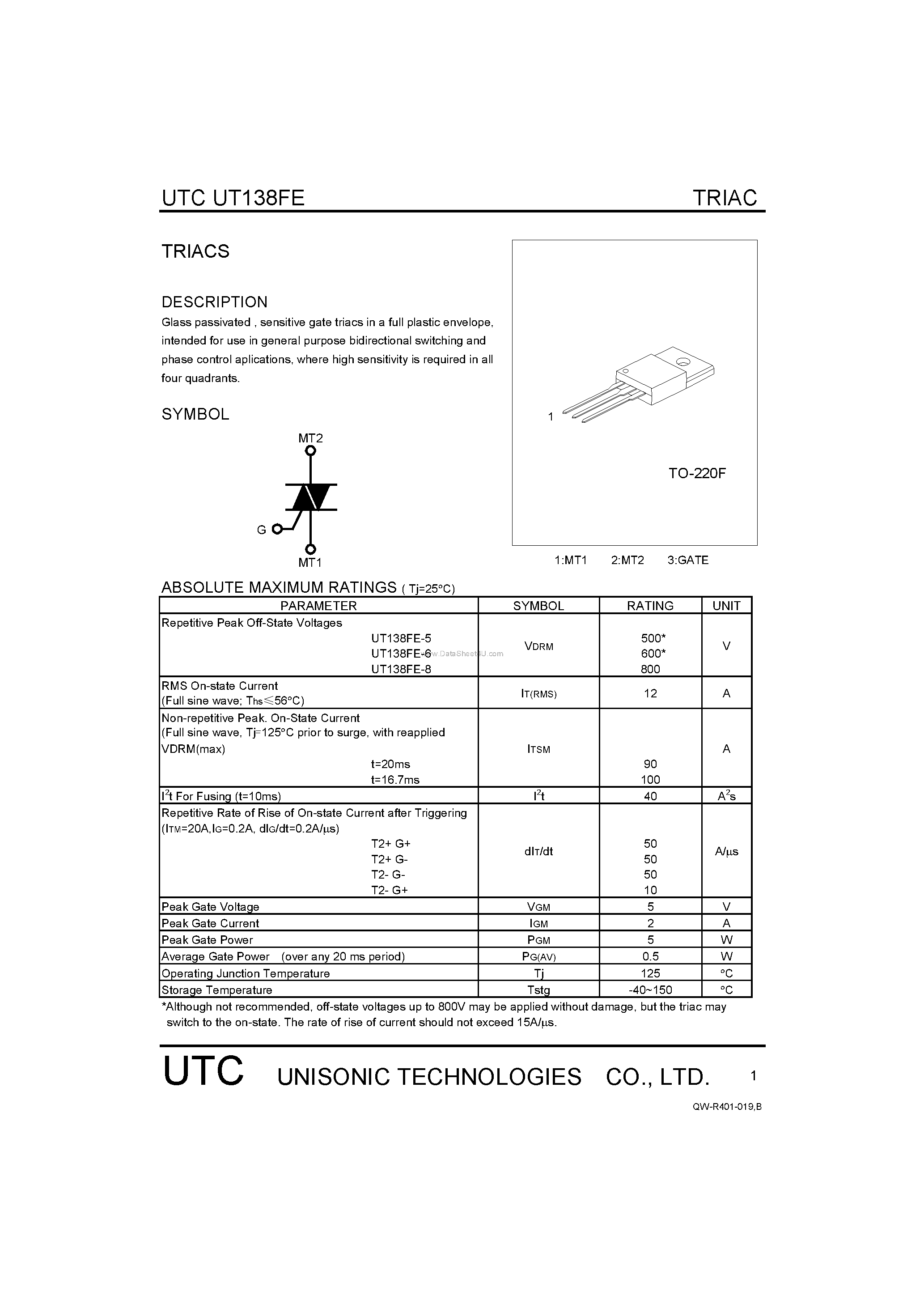 Datasheet UT138FE - TRIACS page 1