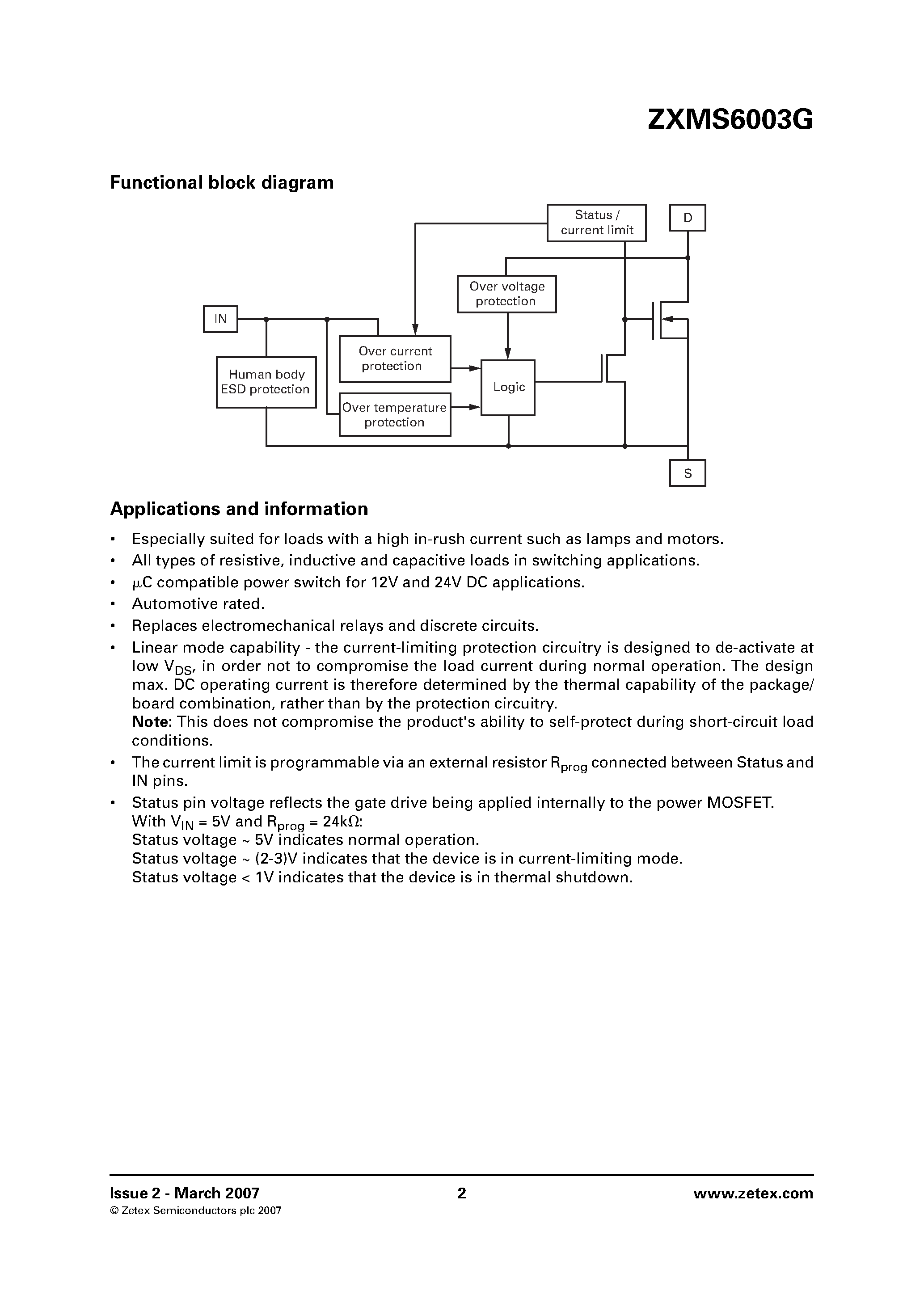 Datasheet ZXMS6003G page 2 Datasheet ZXMS6003G - N-channel self protected enhancement mode IntelliFET MOSFET page 2