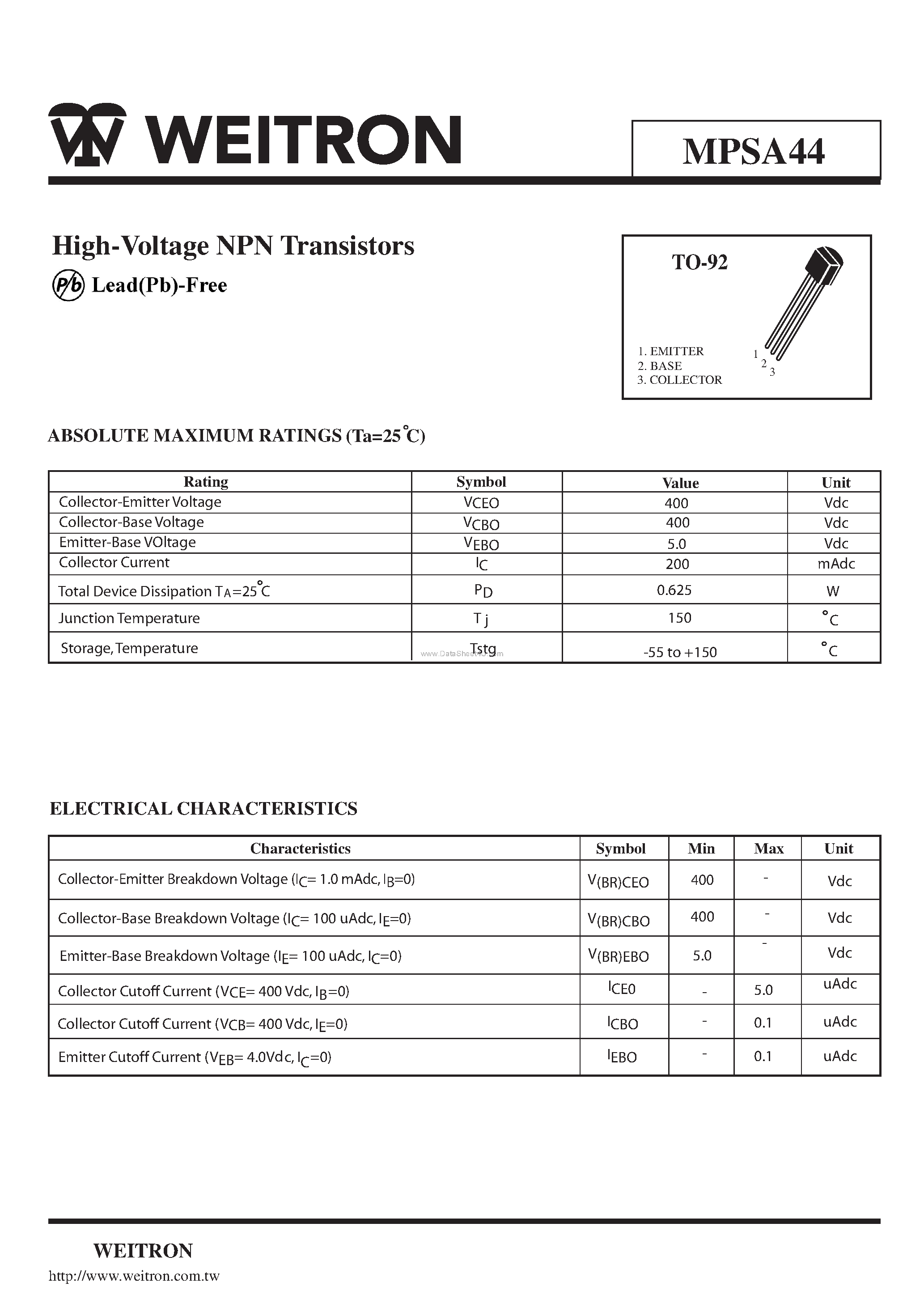 Datasheet MPSA44 - High-Voltage NPN Transistors page 1