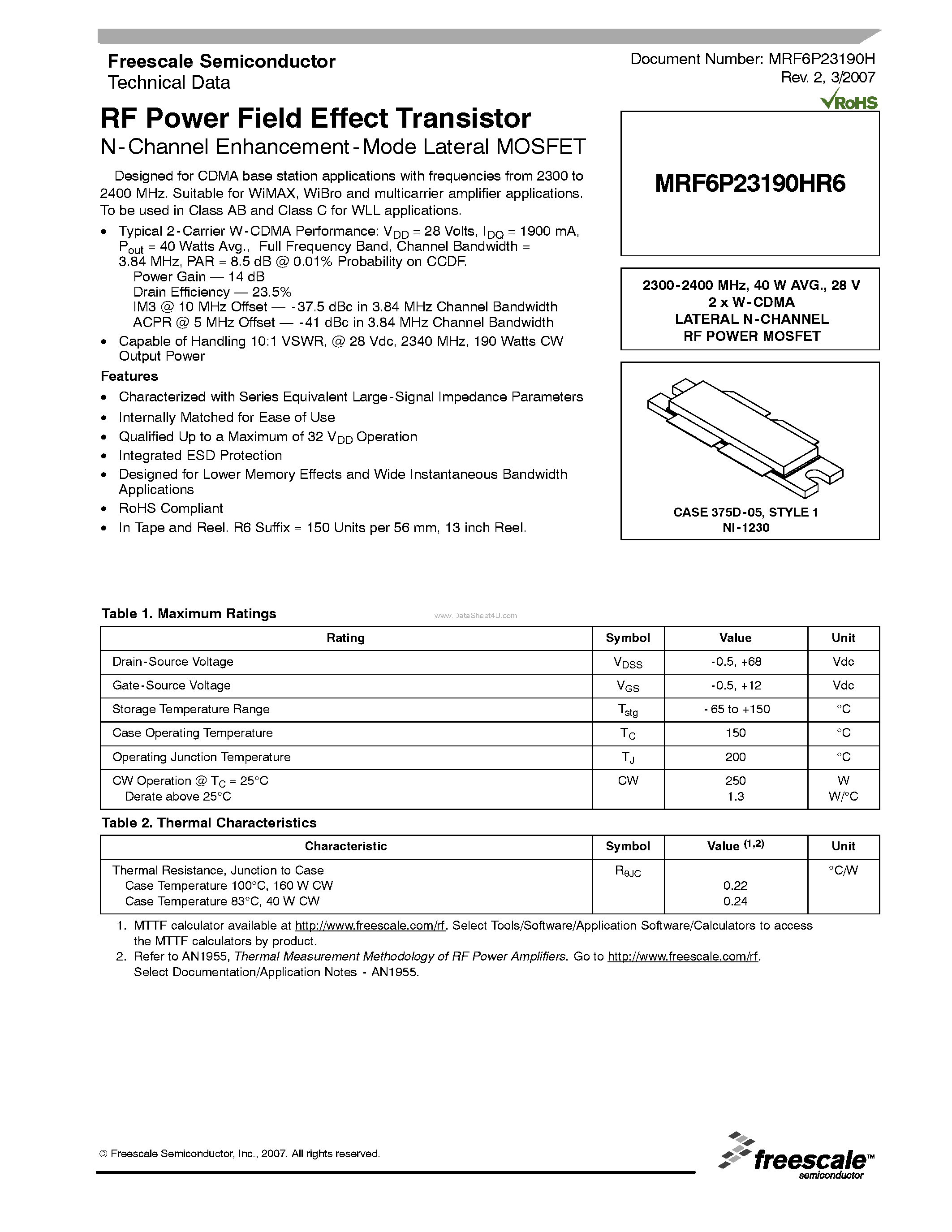Datasheet MRF6P23190HR6 - RF Power Field Effect Transistor N-Channel Enhancement-Mode Lateral MOSFET page 1