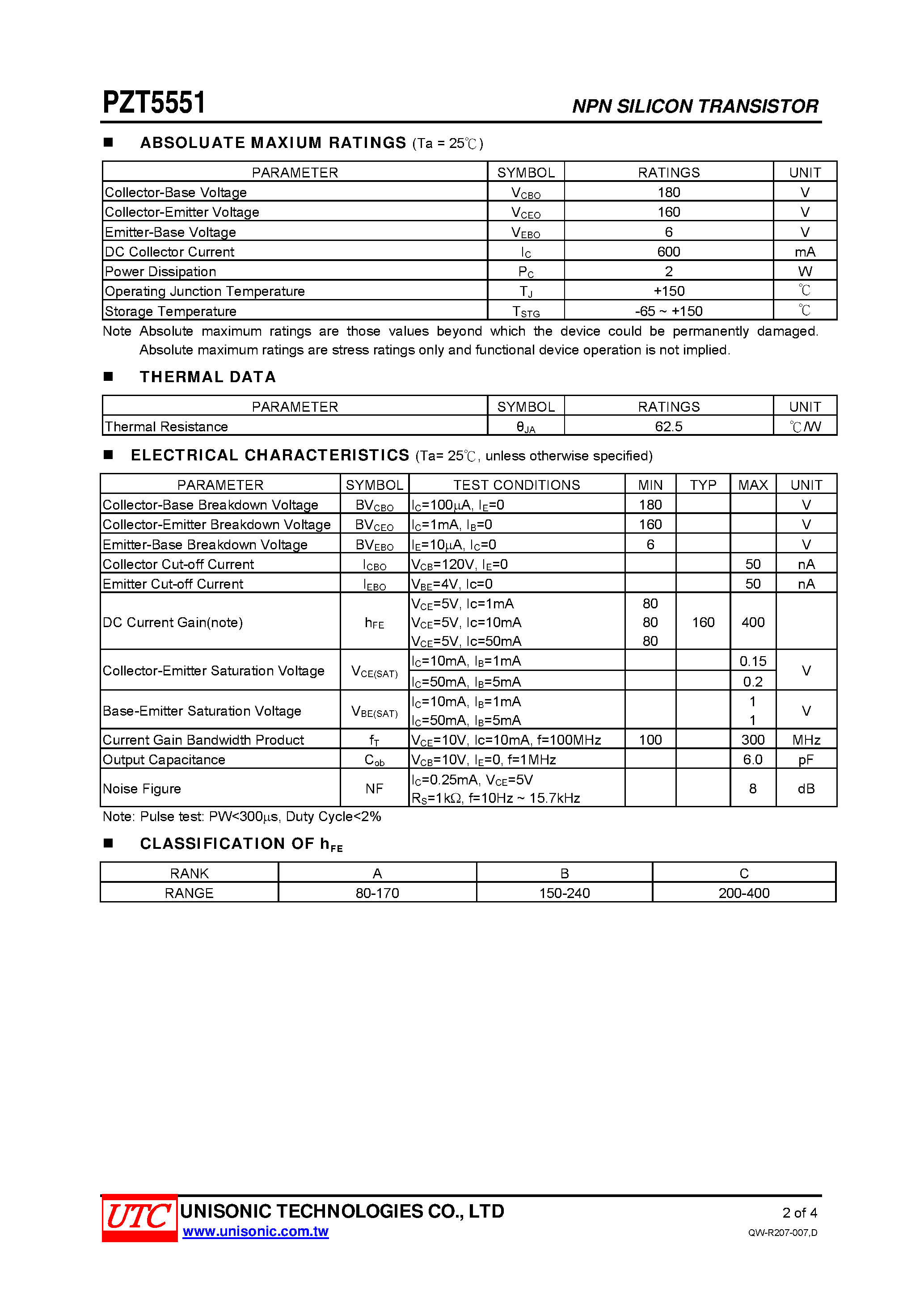 Даташит на микросхему PZT5551 страница 2 Даташит PZT5551 - HIGH VOLTAGE SWITCHING TRANSISTOR страница 2