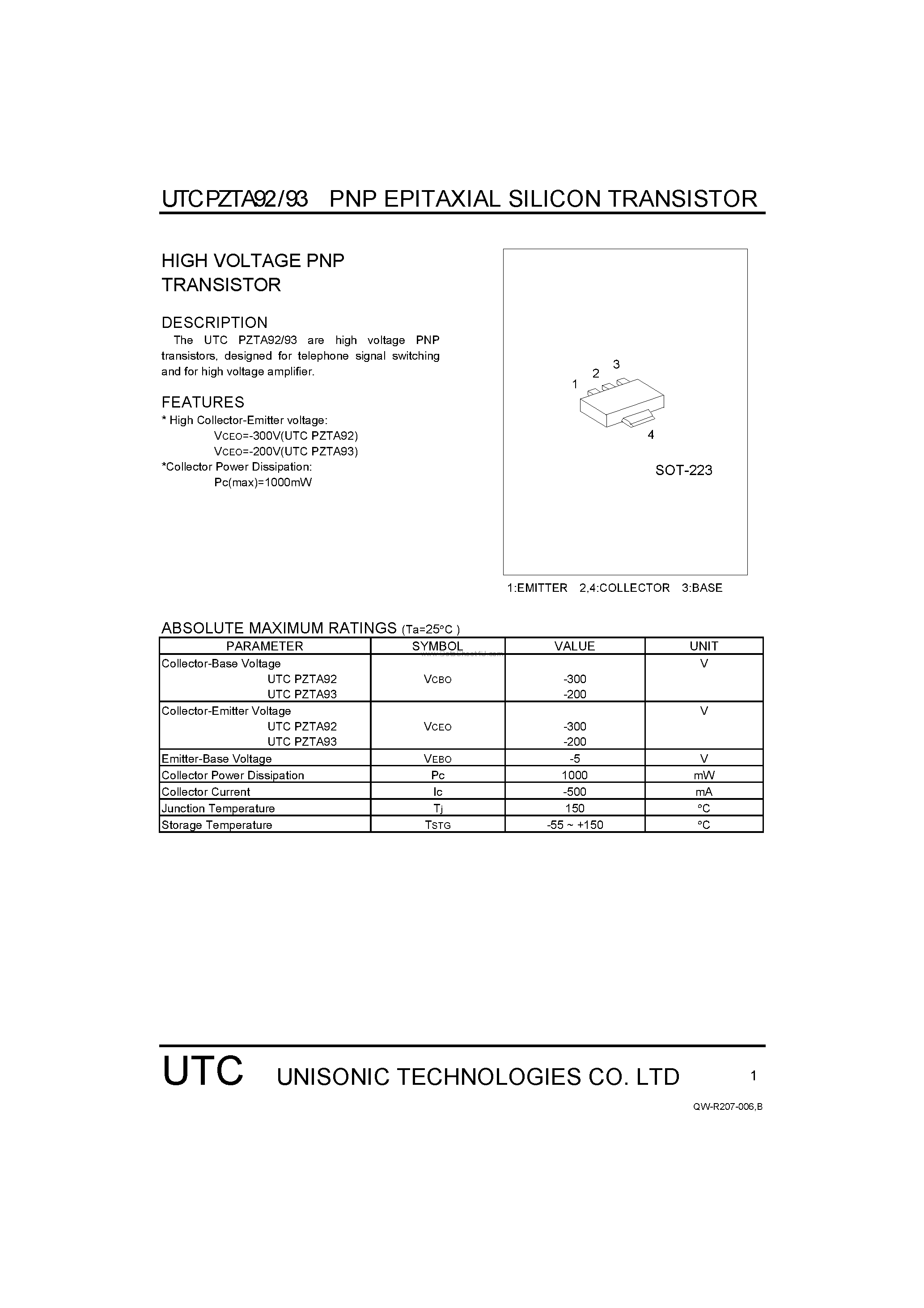 Даташит PZTA92 - (PZTA92 / PZTA93) HIGH VOLTAGE PNP TRANSISTOR страница 1