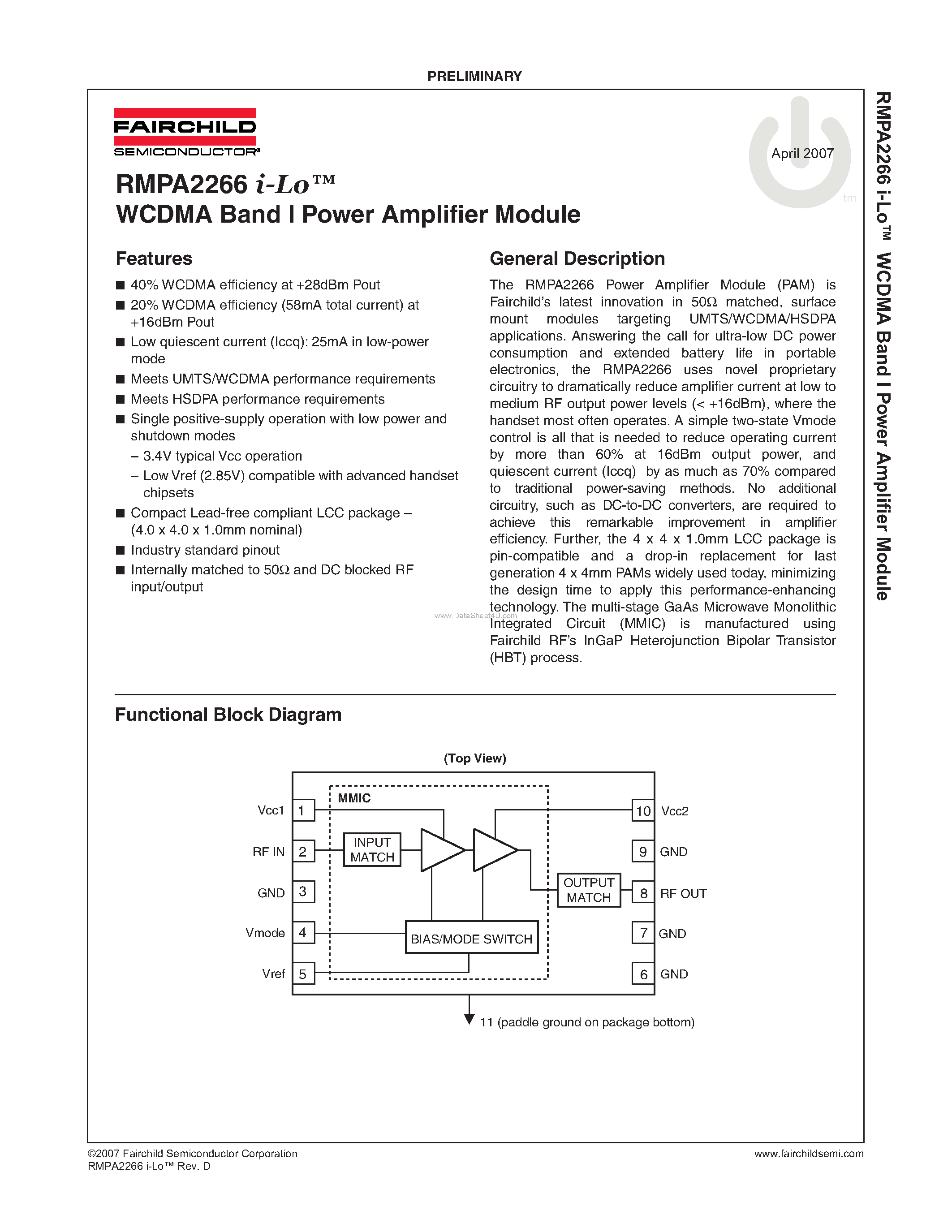 Даташит RMPA2266 - WCDMA Band I Power Amplifier Module страница 1