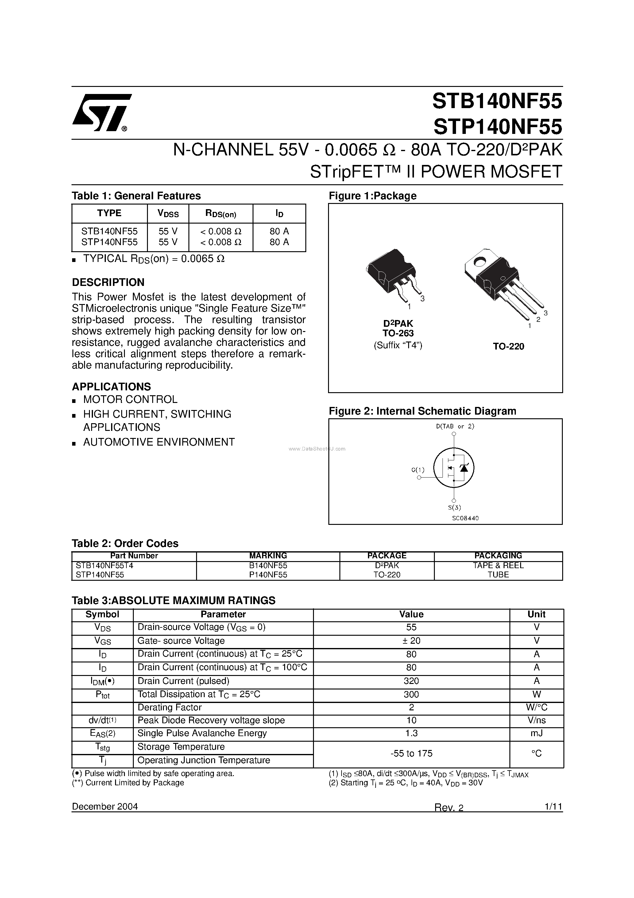 Datasheet STB140NF55 - N-CHANNEL POWER MOSFET page 1
