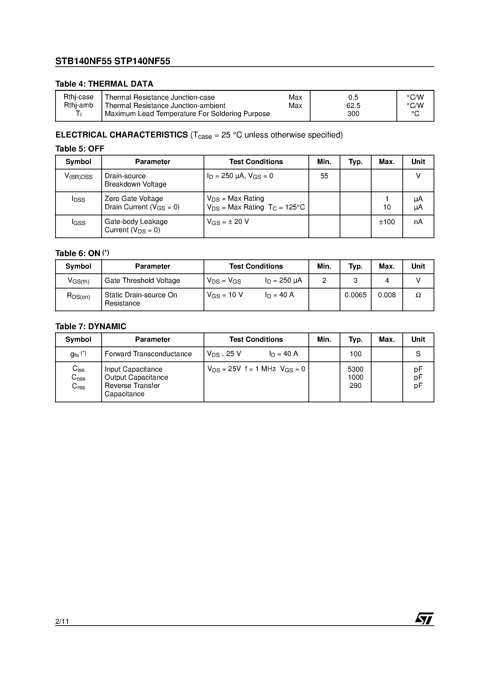 Datasheet STB140NF55 - N-CHANNEL POWER MOSFET page 2