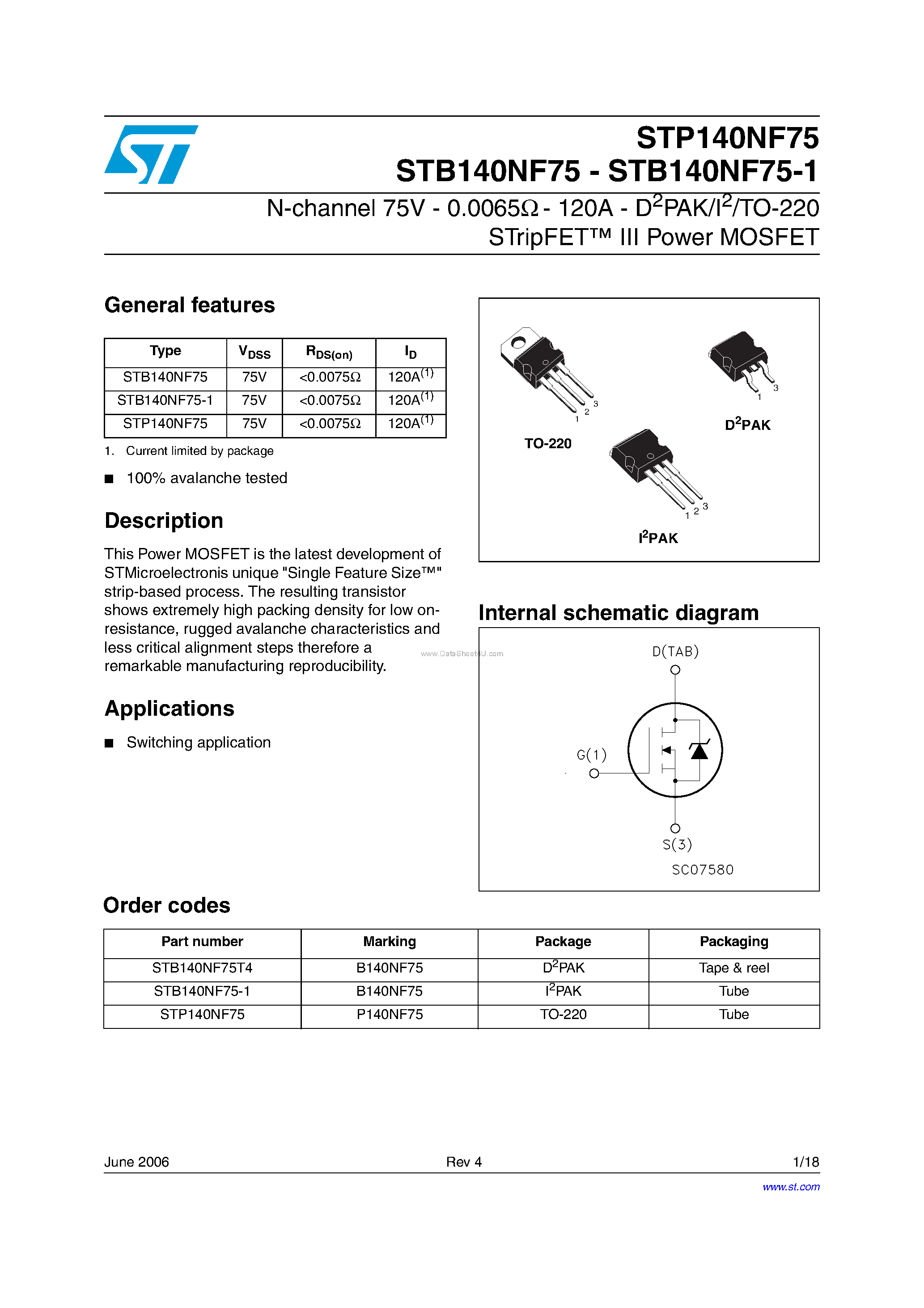 Datasheet STB140NF75 - N-CHANNEL POWER MOSFET page 1