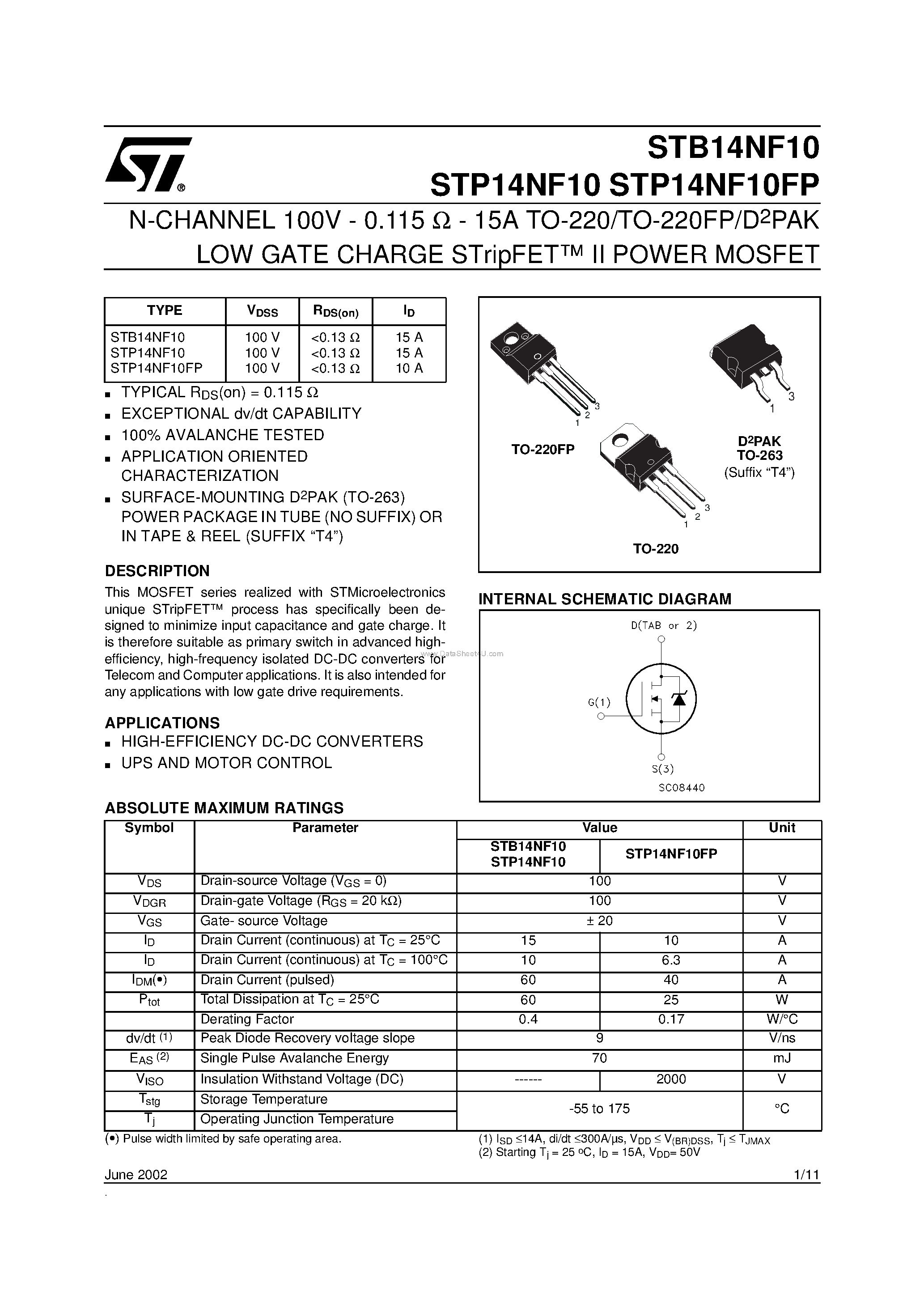Datasheet STB14NF10 - N-CHANNEL POWER MOSFET page 1