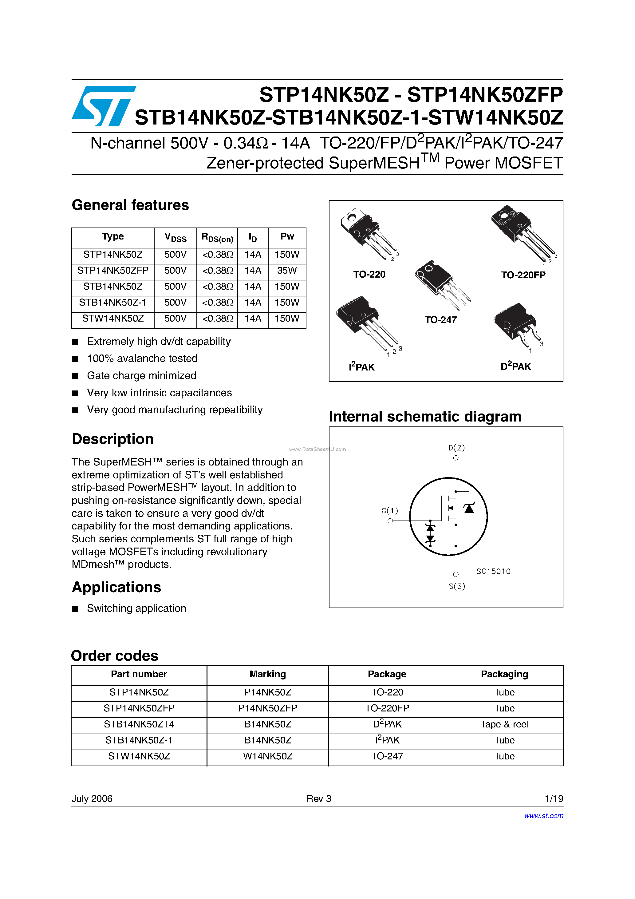 Datasheet STB14NK50Z - N-CHANNEL POWER MOSFET page 1