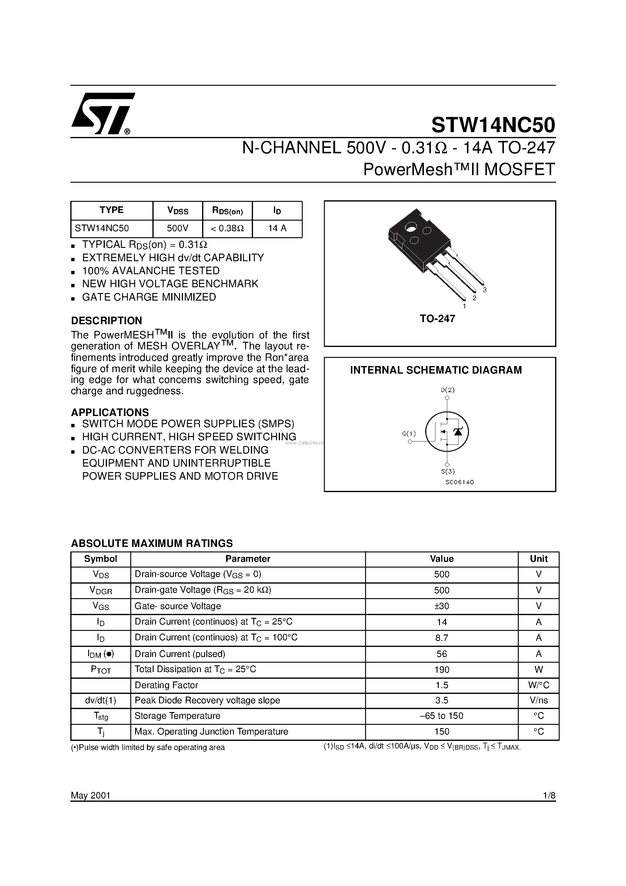 Datasheet STW14NC50 - N-CHANNEL POWER MOSFET page 1