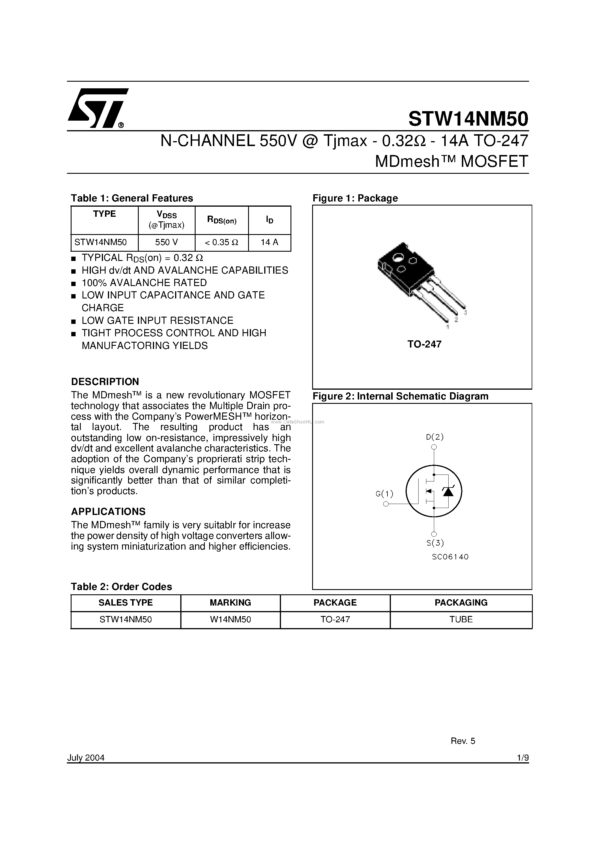Datasheet STW14NM50 - N-CHANNEL POWER MOSFET page 1