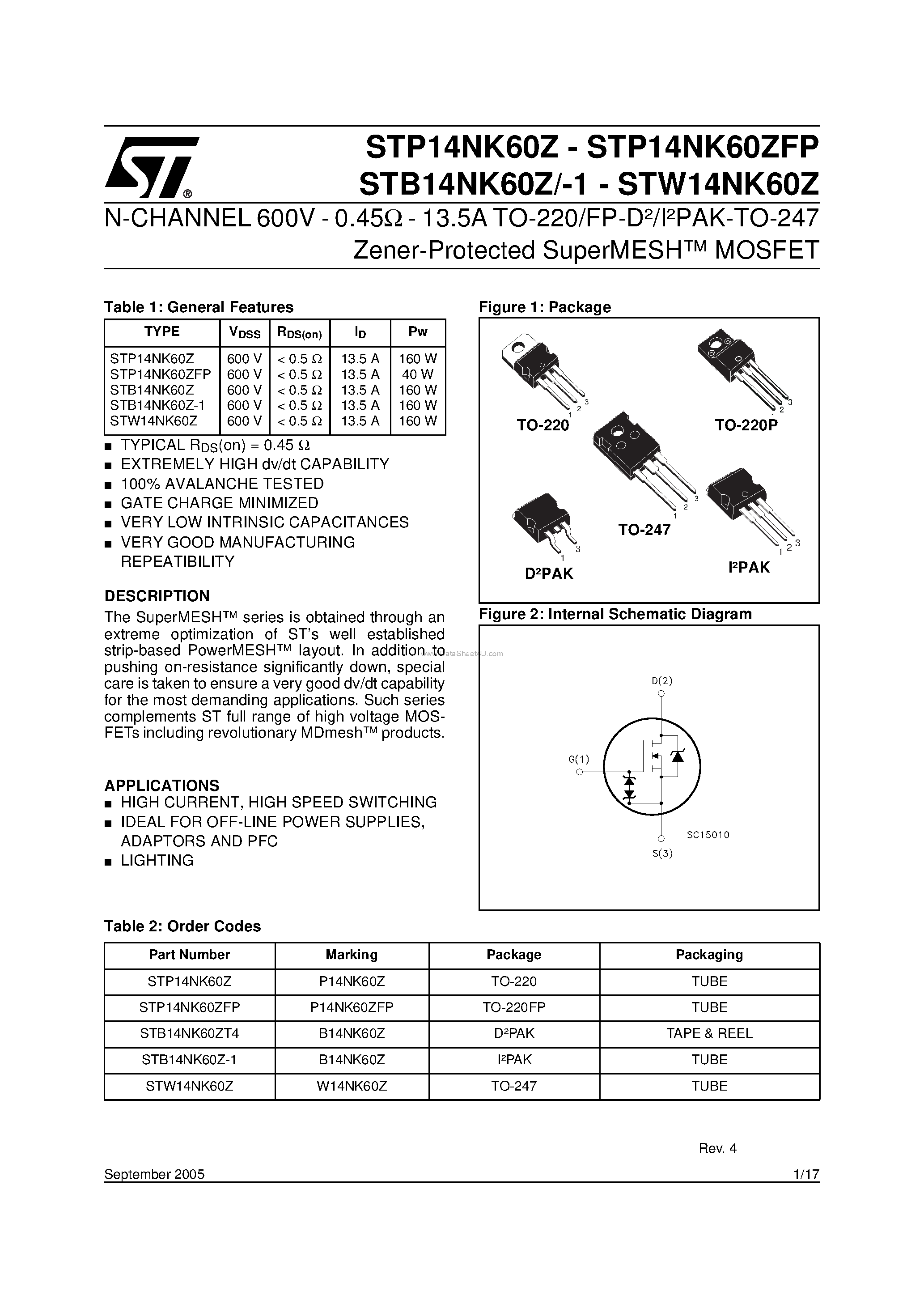 Datasheet STB14NK60Z - N-CHANNEL POWER MOSFET page 1